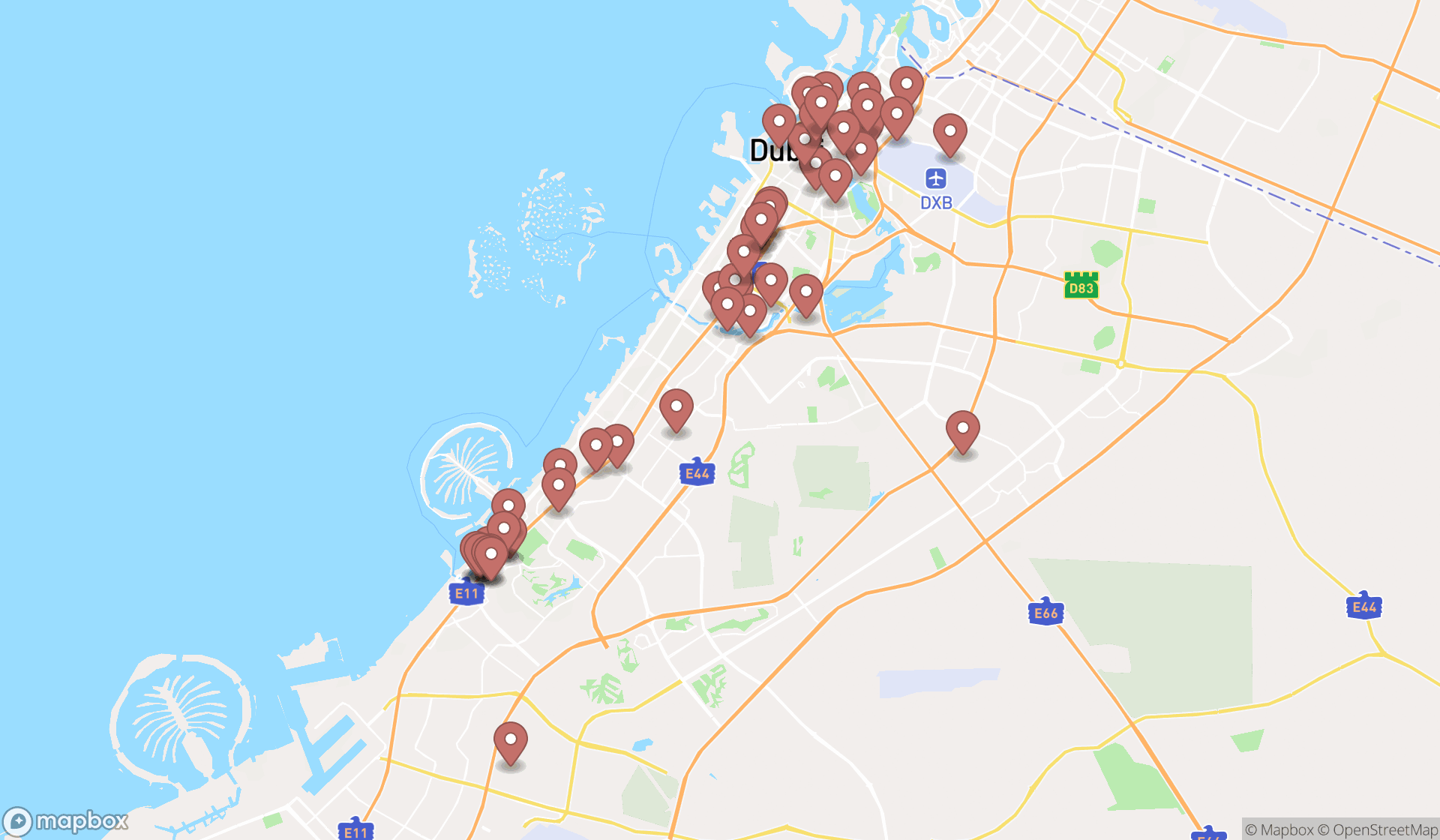 Map showing the search results in Dubai