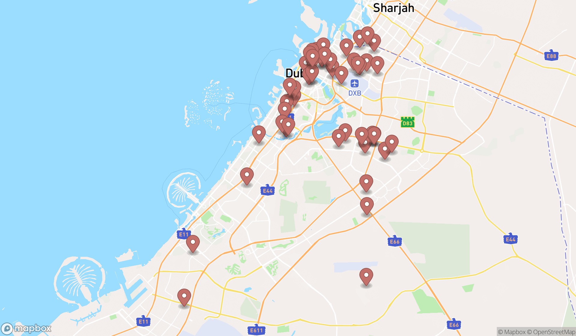 Map showing the search results in Dubai