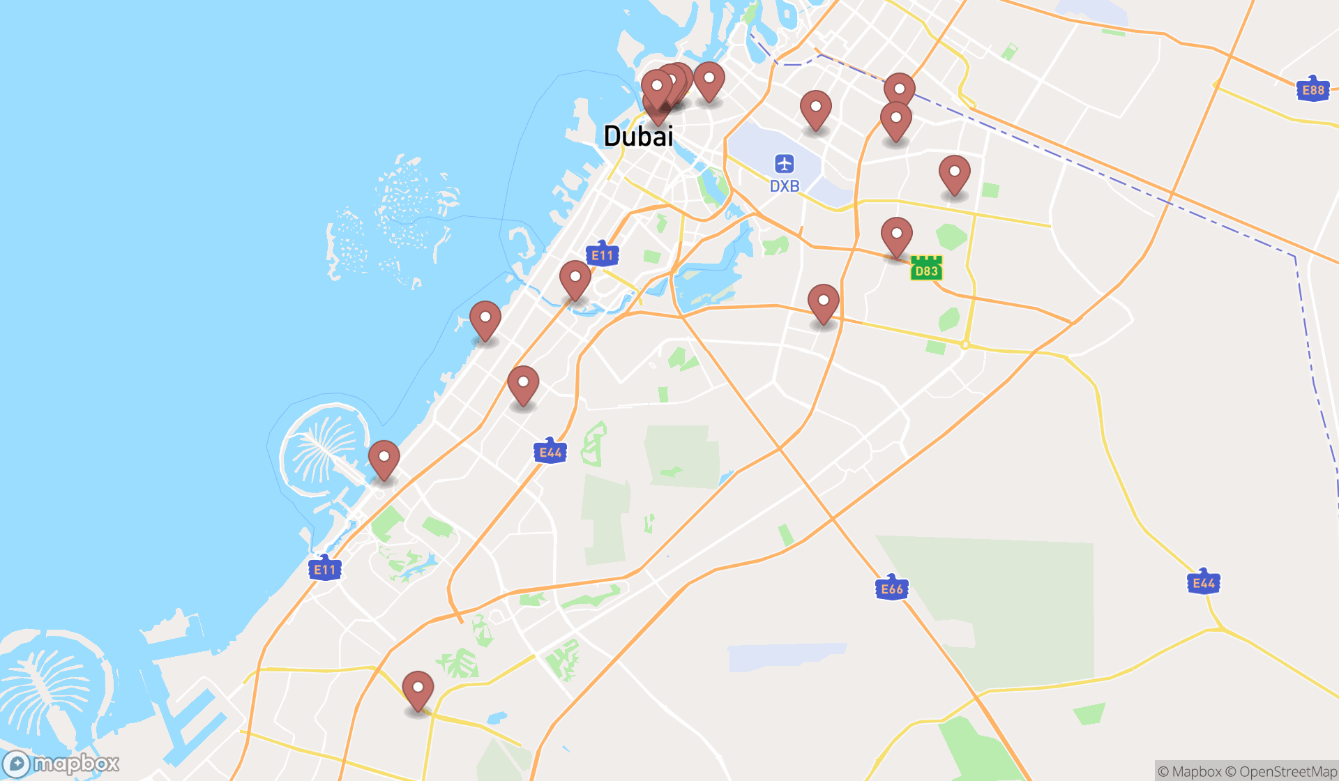 Map showing the search results in Dubai
