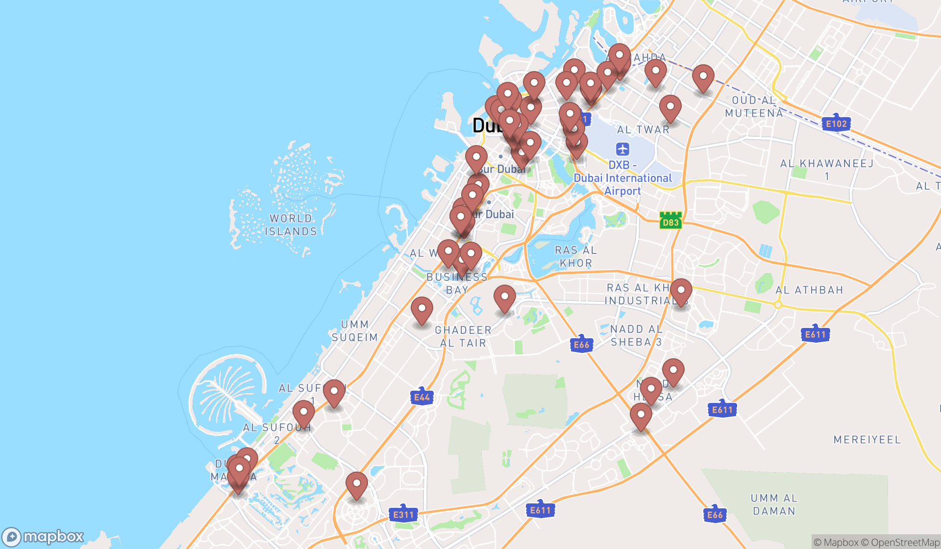 Map showing the search results in Dubai