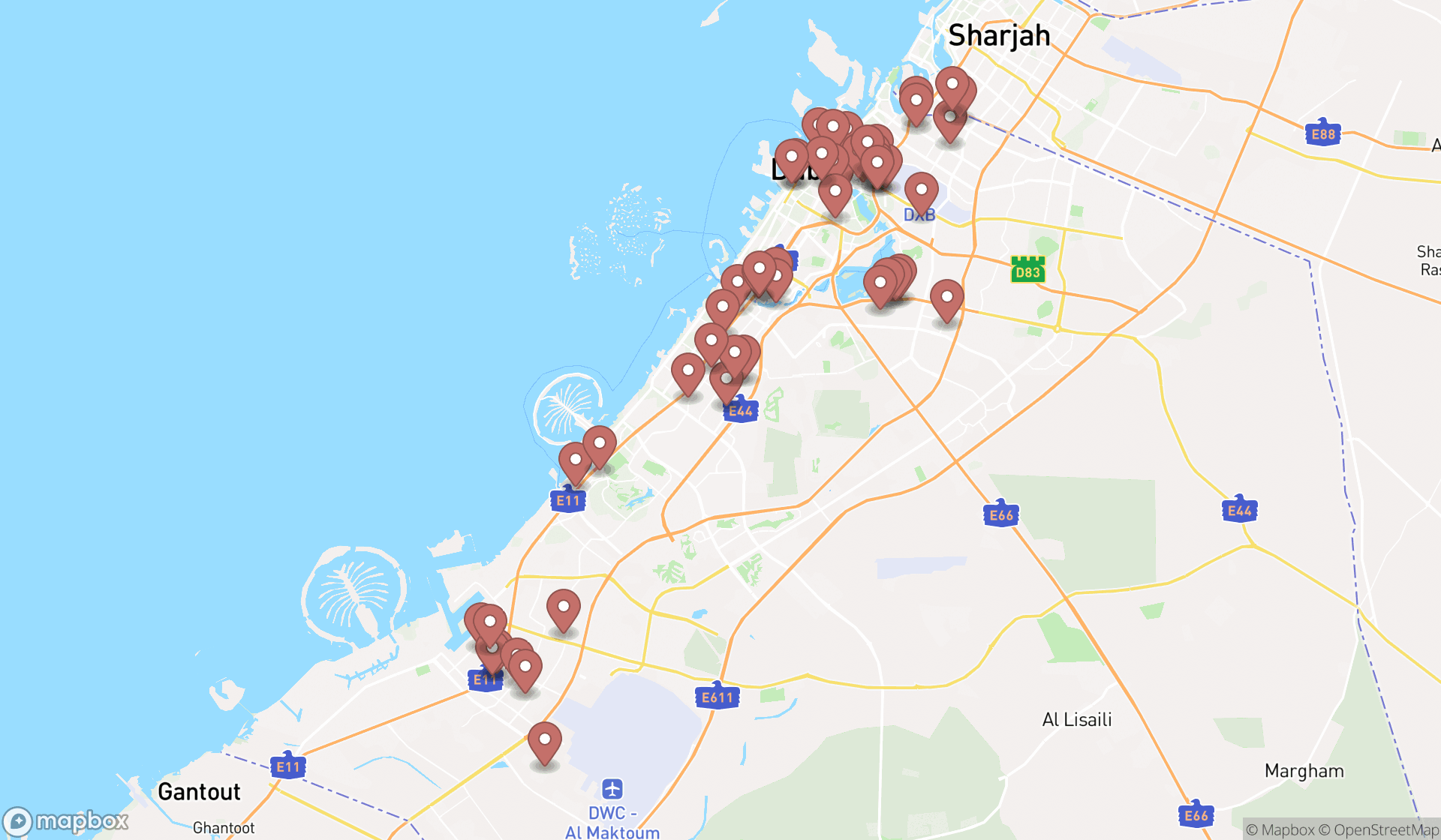 Map showing the search results in Dubai
