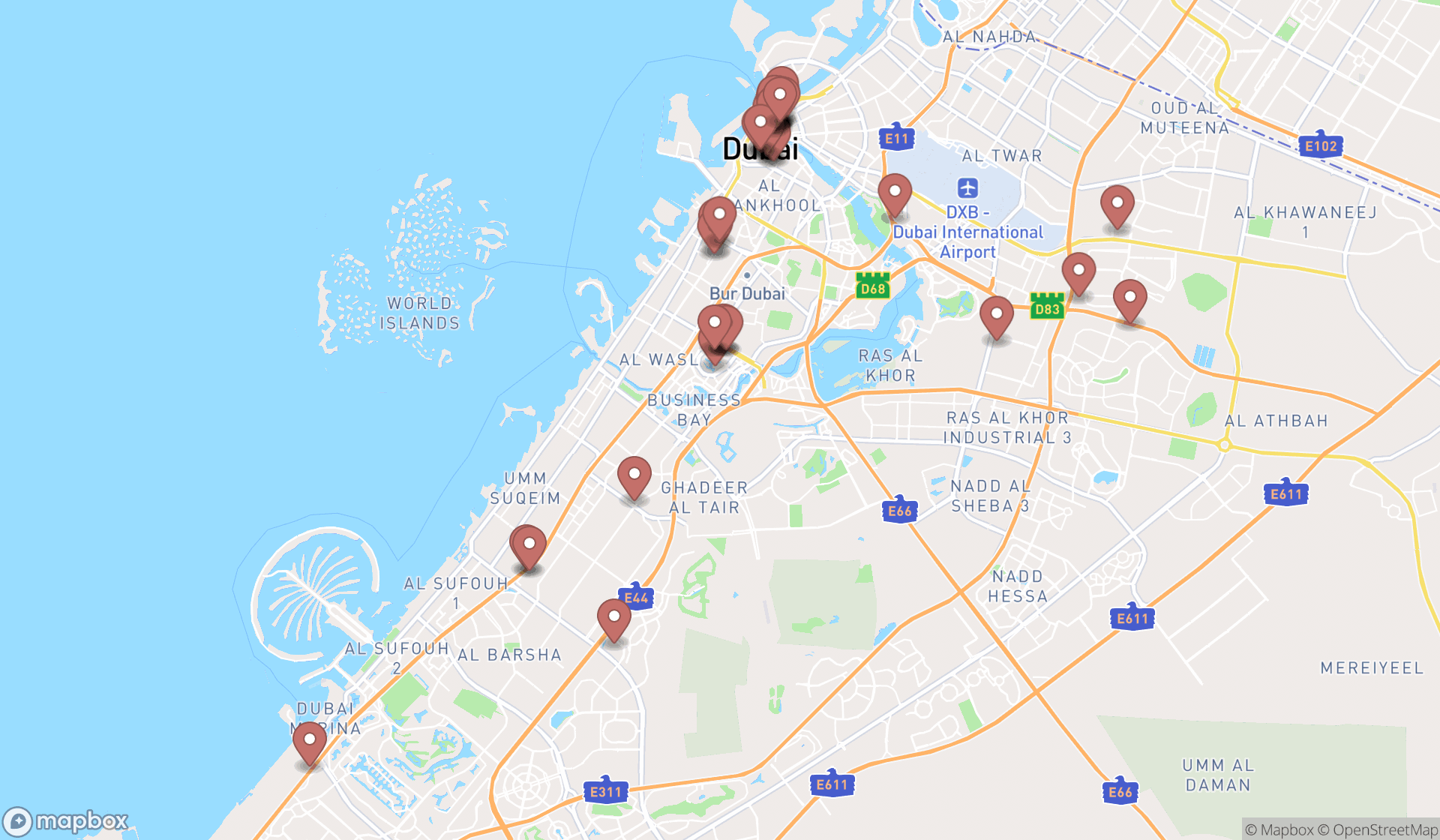 Map showing the search results in Dubai