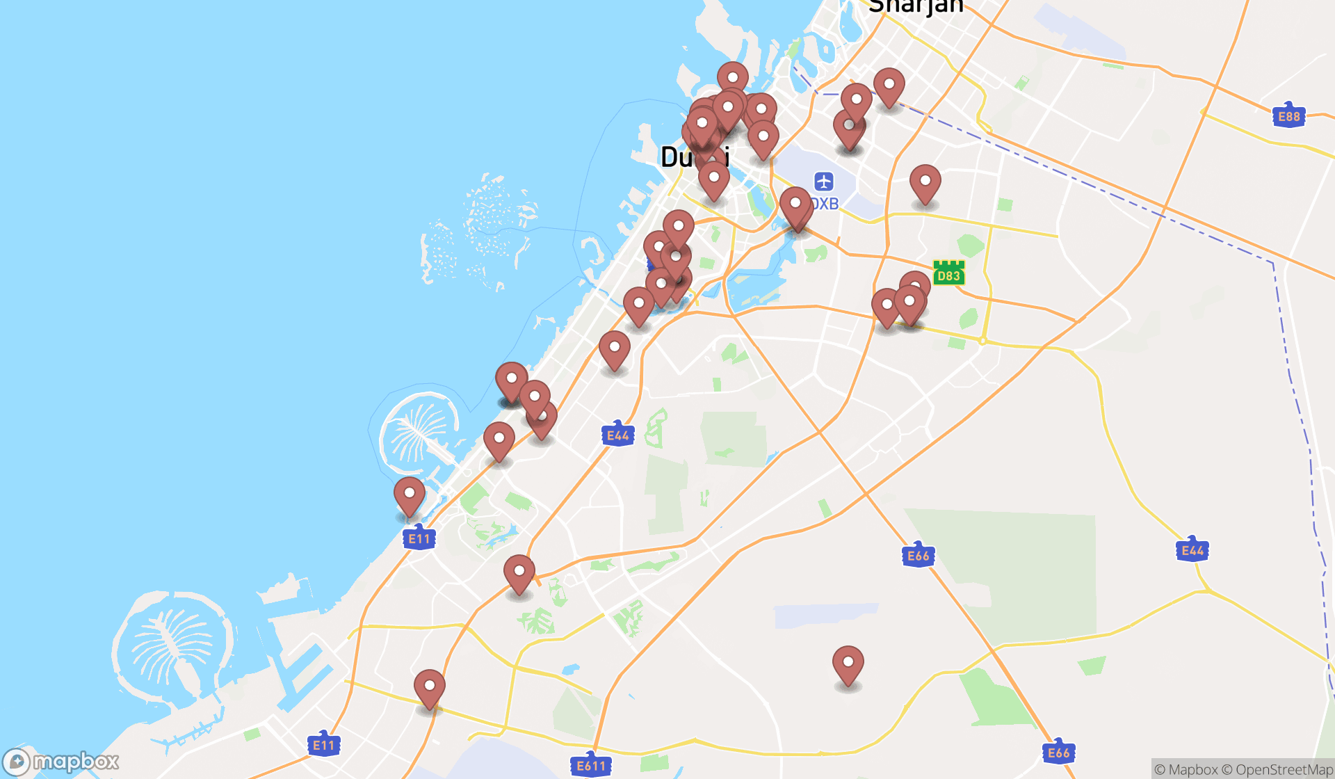 Map showing the search results in Dubai