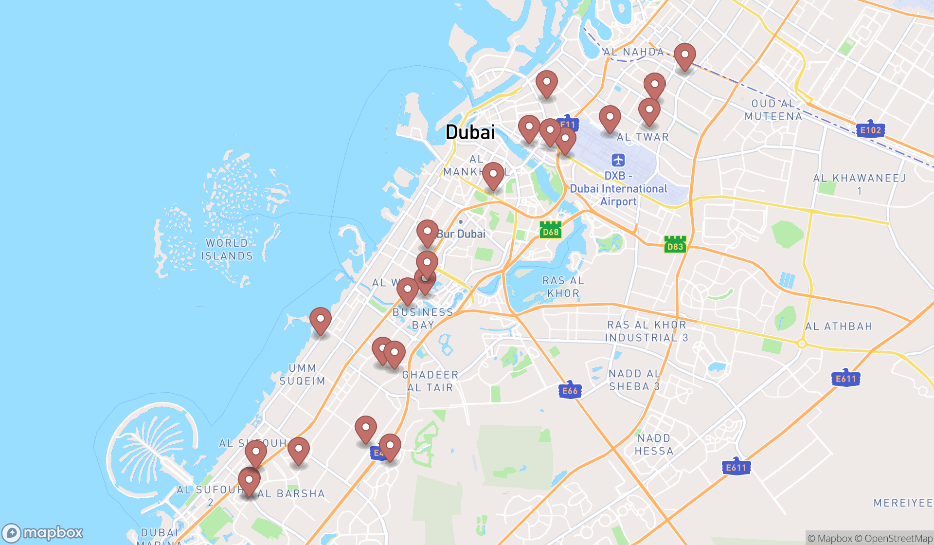 Map showing the search results in Dubai