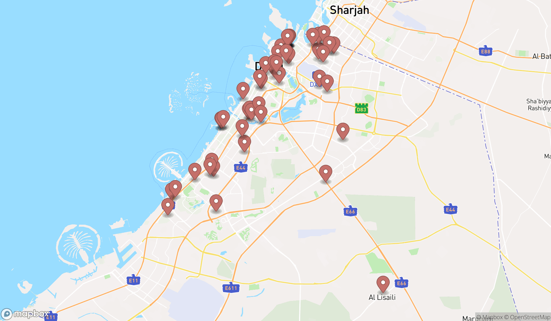Map showing the search results in Dubai