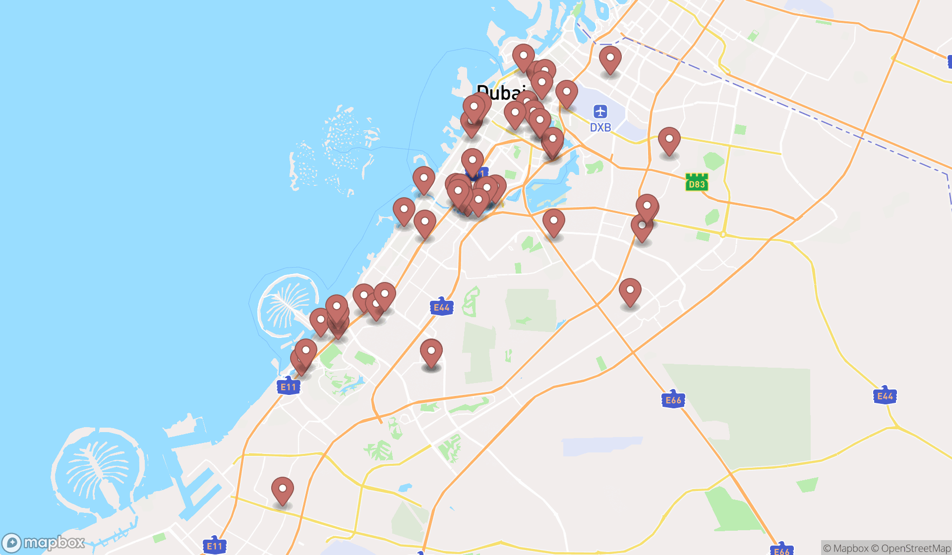 Map showing the search results in Dubai