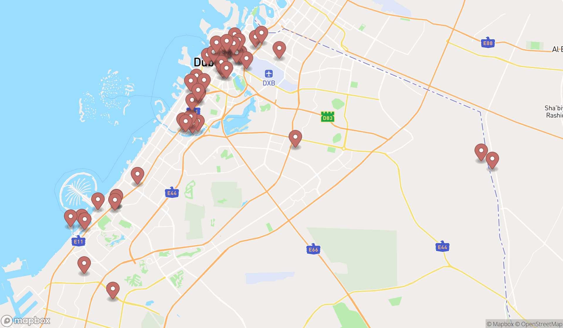 Map showing the search results in Dubai