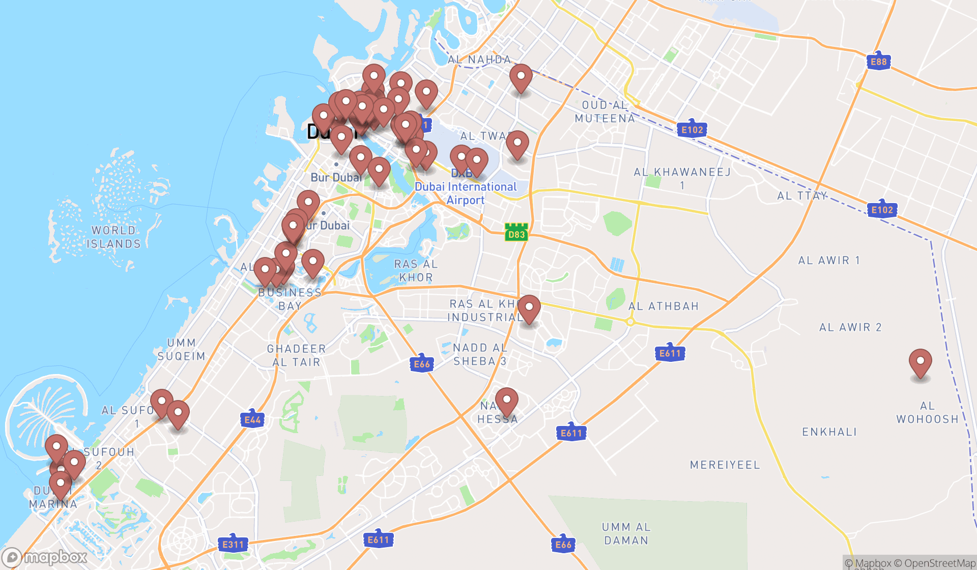 Map showing the search results in Dubai