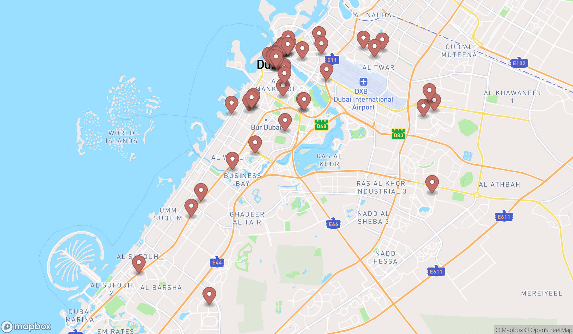 Map showing the search results in Dubai