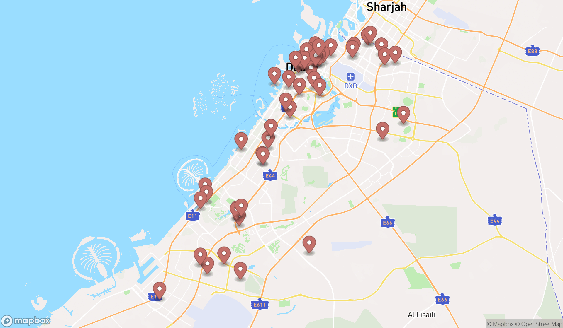 Map showing the search results in Dubai