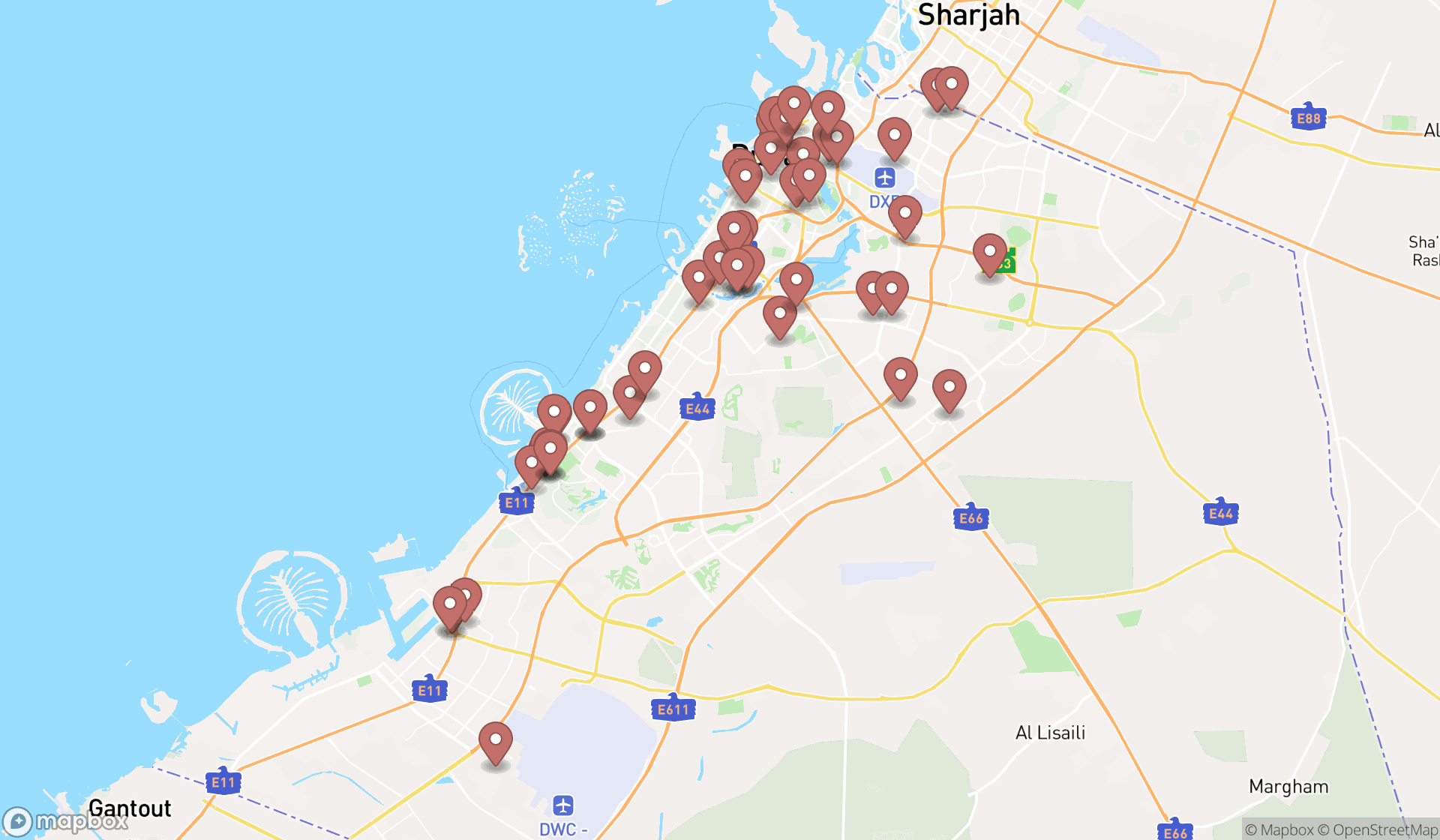 Map showing the search results in Dubai