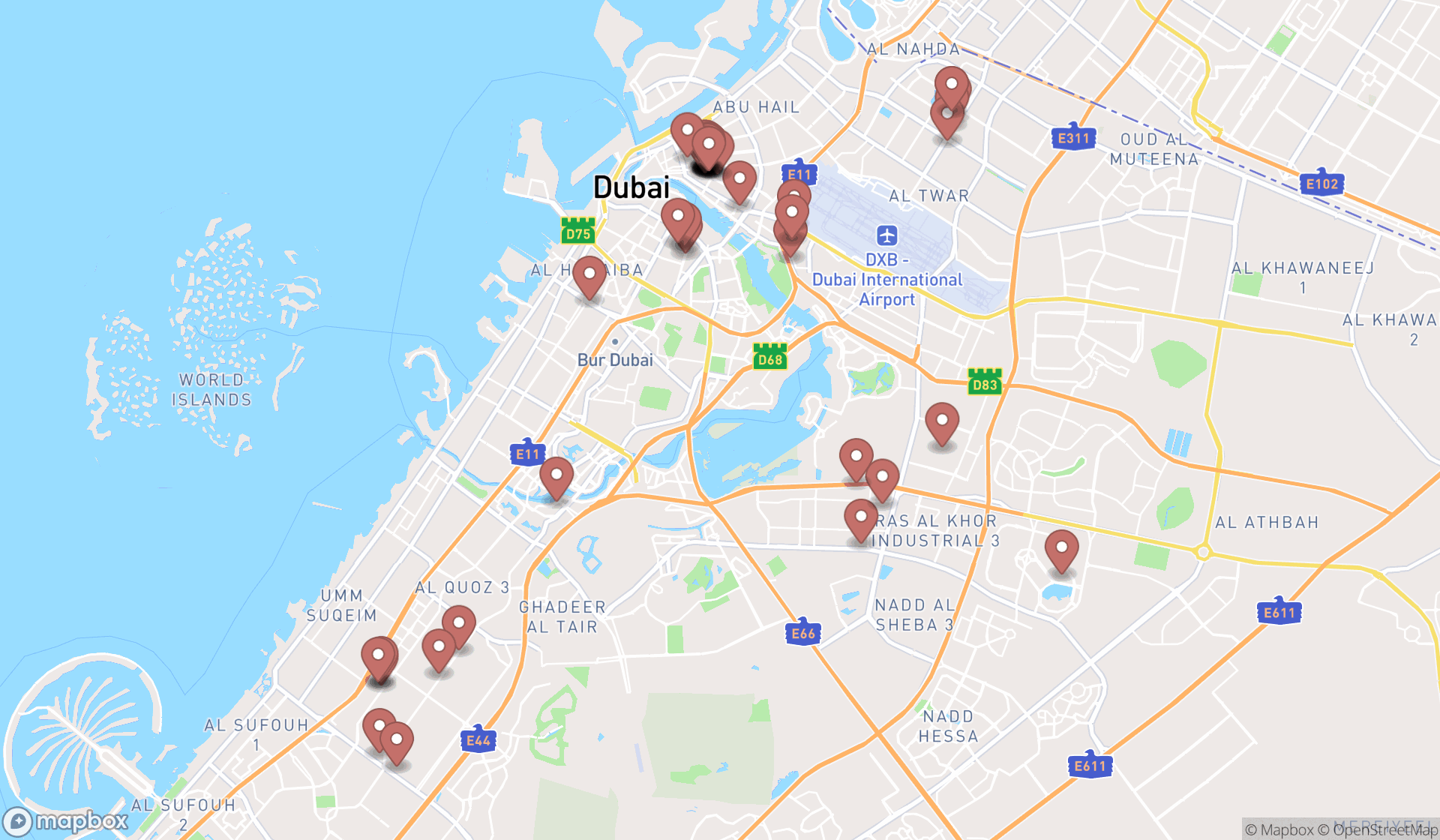 Map showing the search results in Dubai
