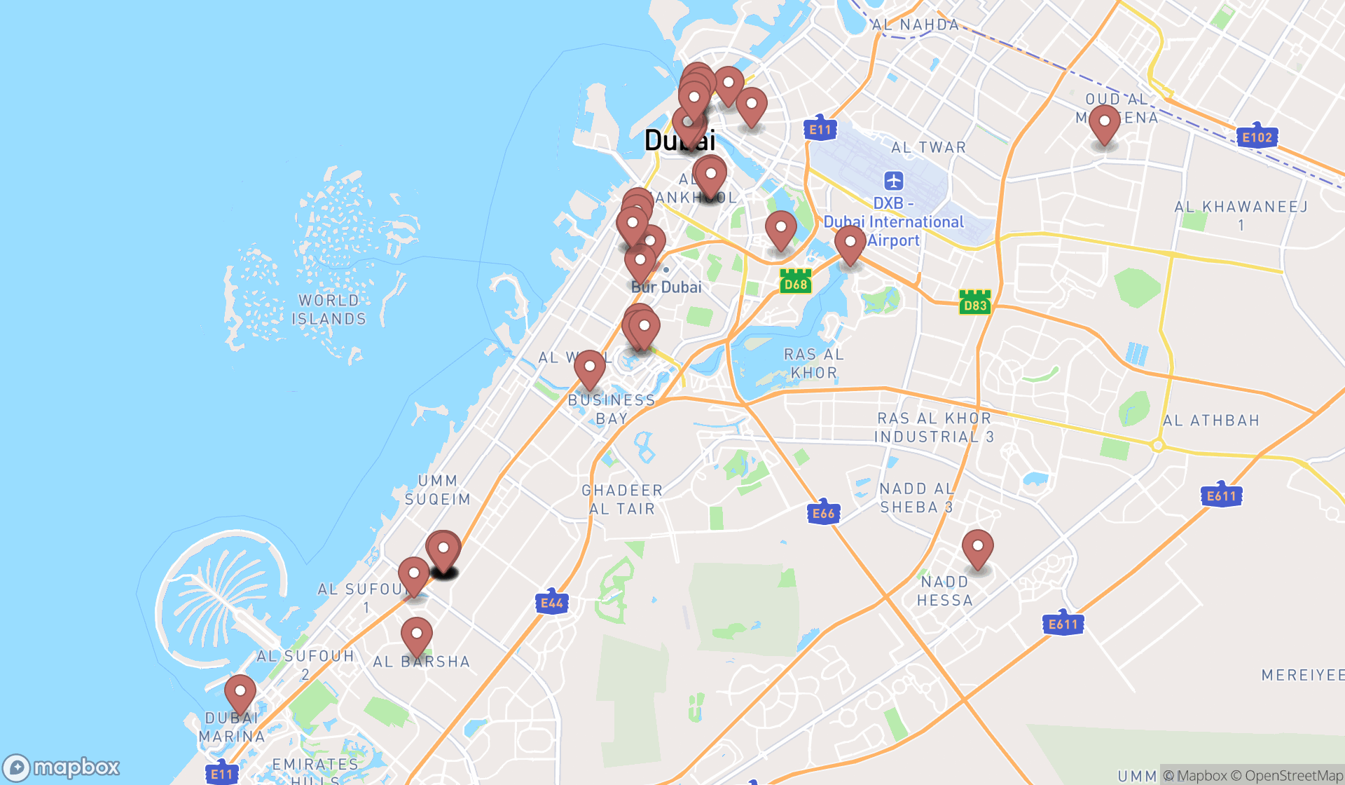 Map showing the search results in Dubai