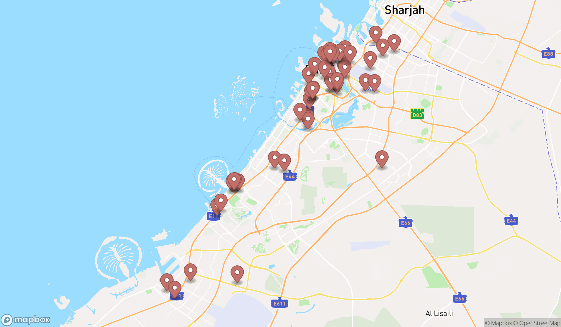 Map showing the search results in Dubai