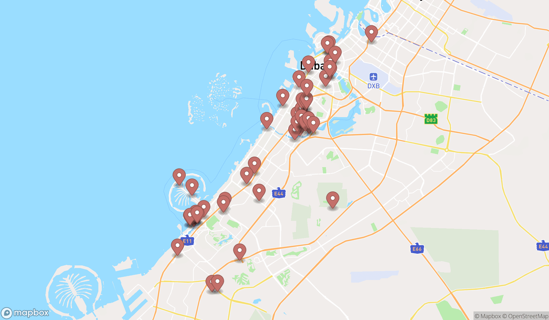 Map showing the search results in Dubai
