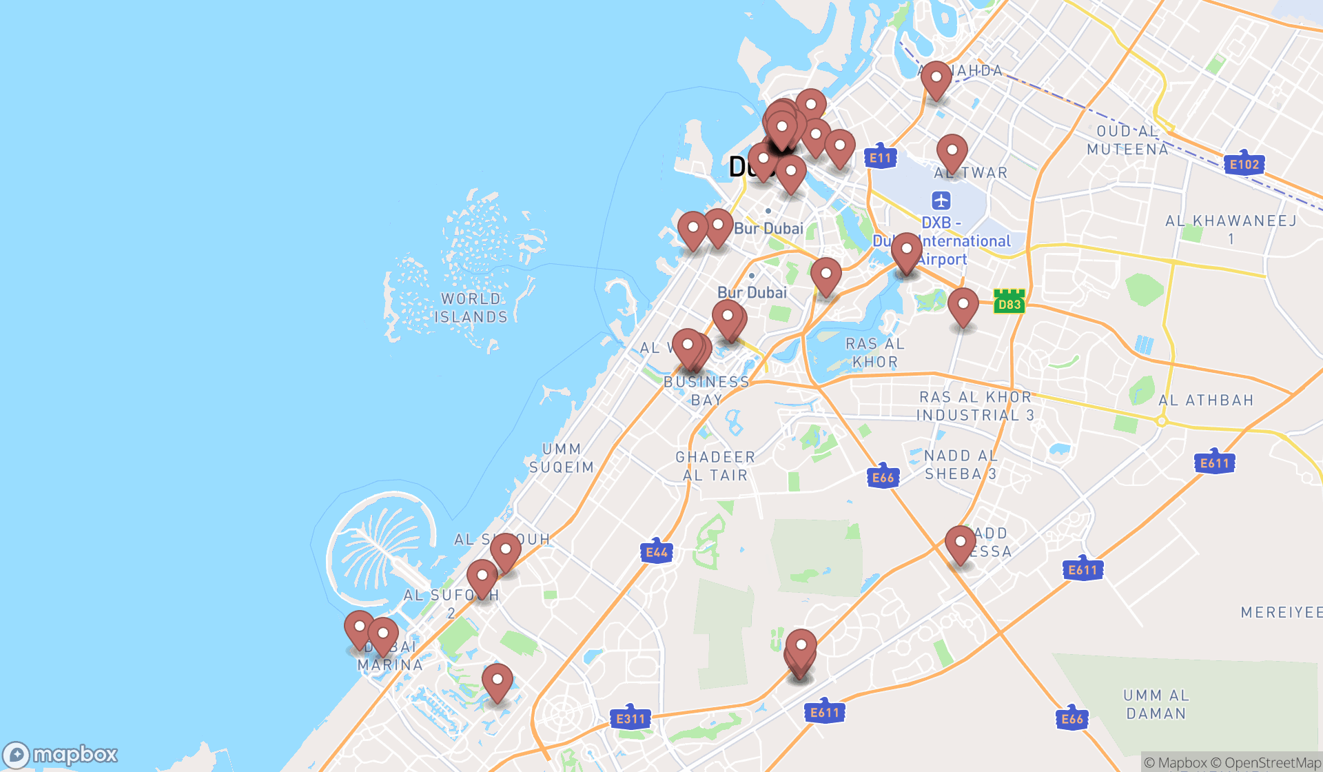 Map showing the search results in Dubai