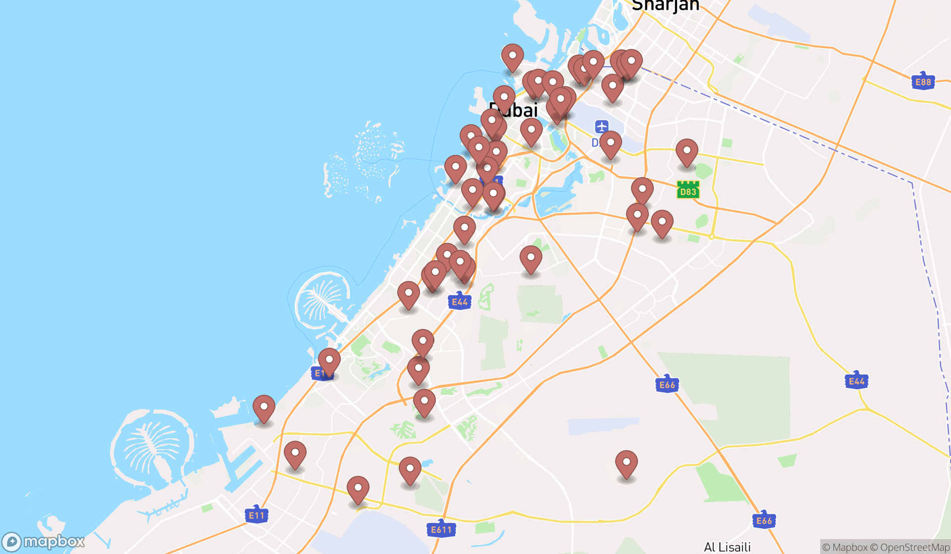Map showing the search results in Dubai