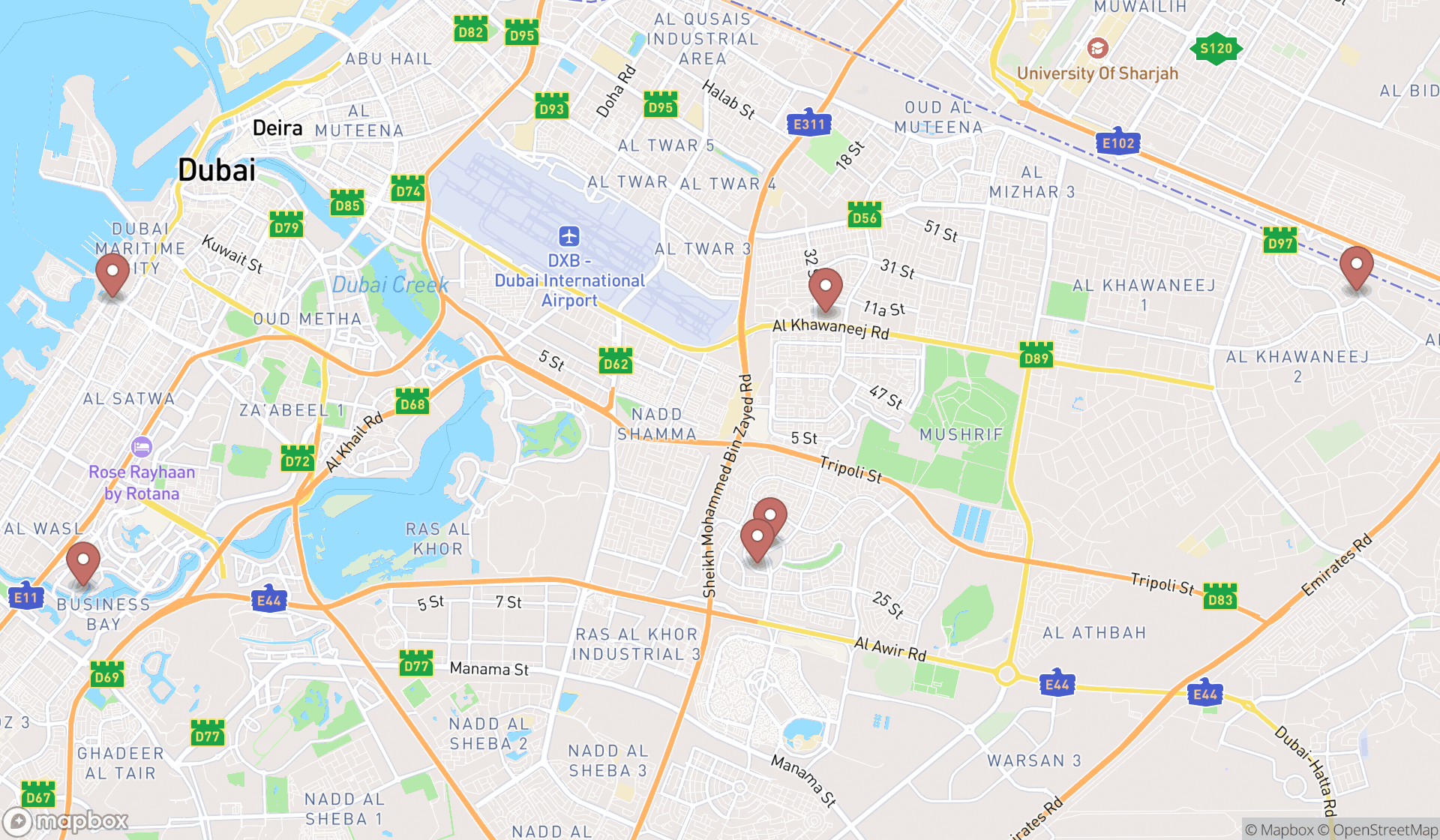 Map showing the search results in Dubai