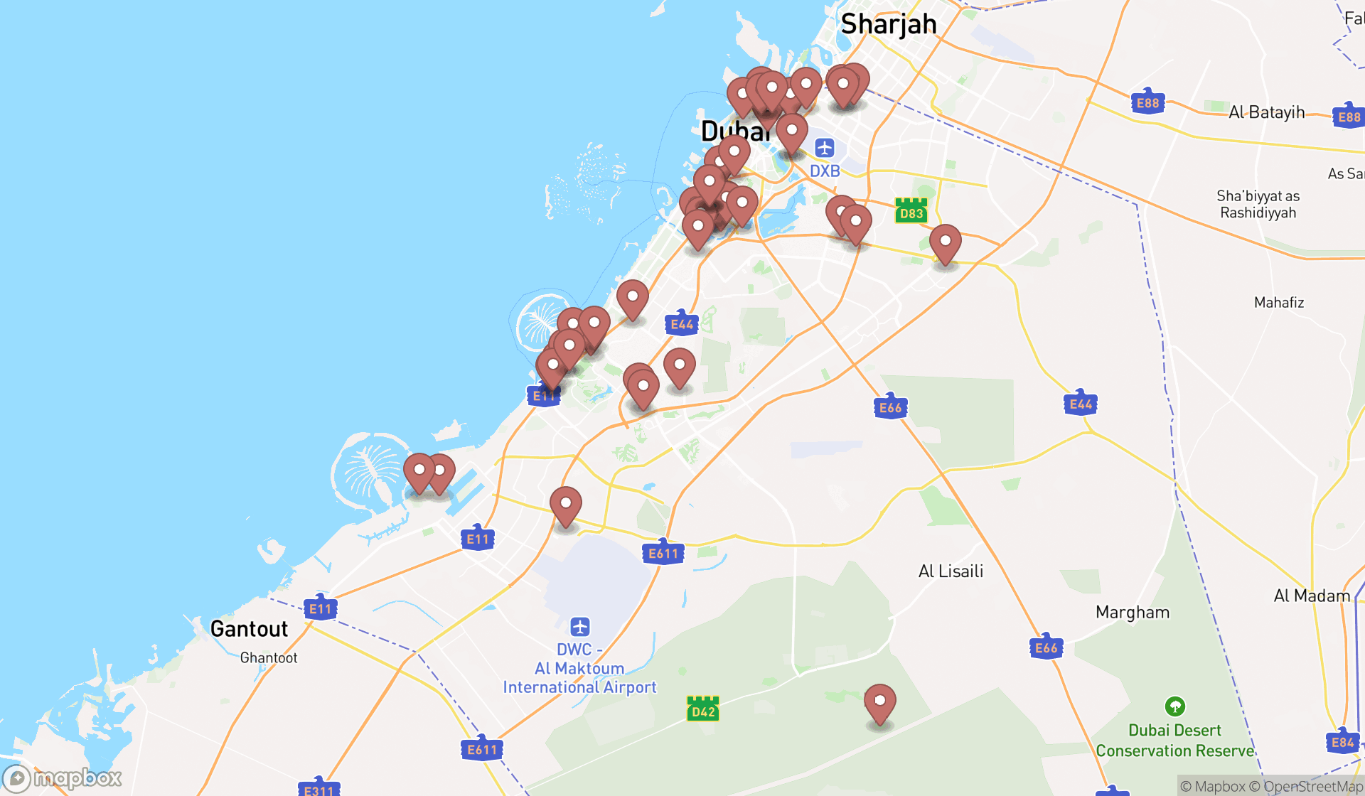 Map showing the search results in Dubai