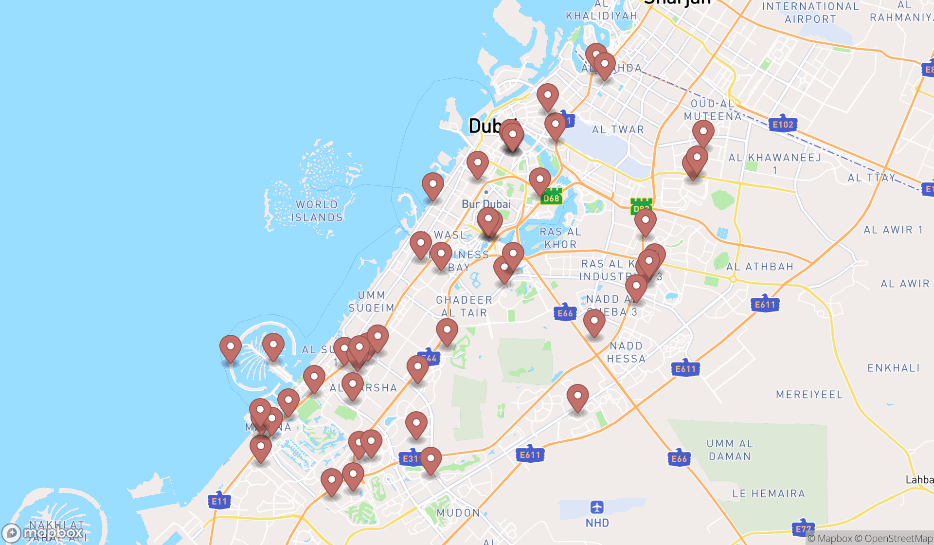 Map showing the search results in Dubai