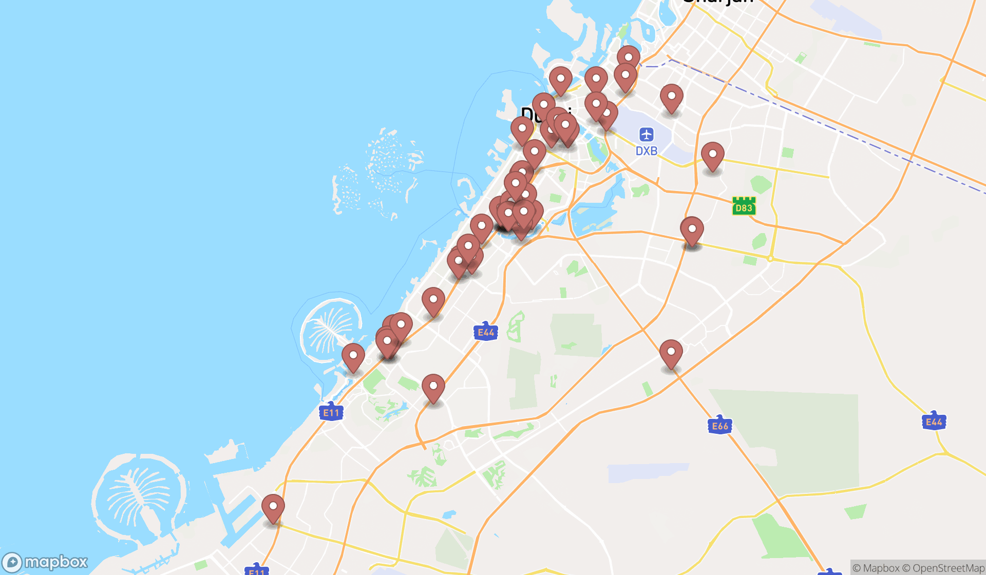 Map showing the search results in Dubai