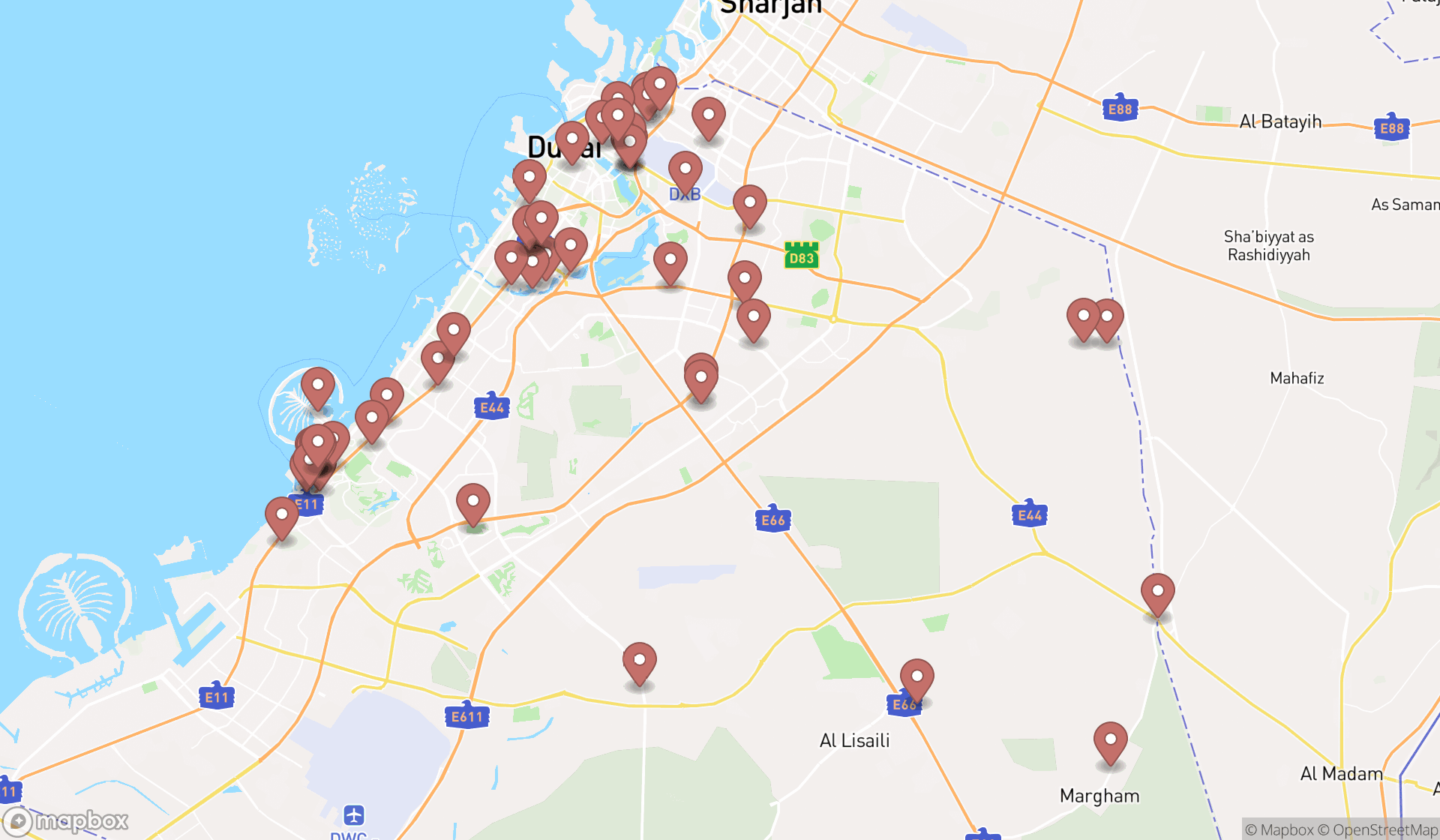 Map showing the search results in Dubai