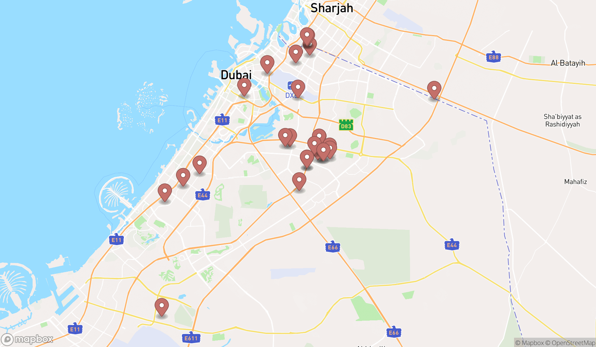 Map showing the search results in Dubai