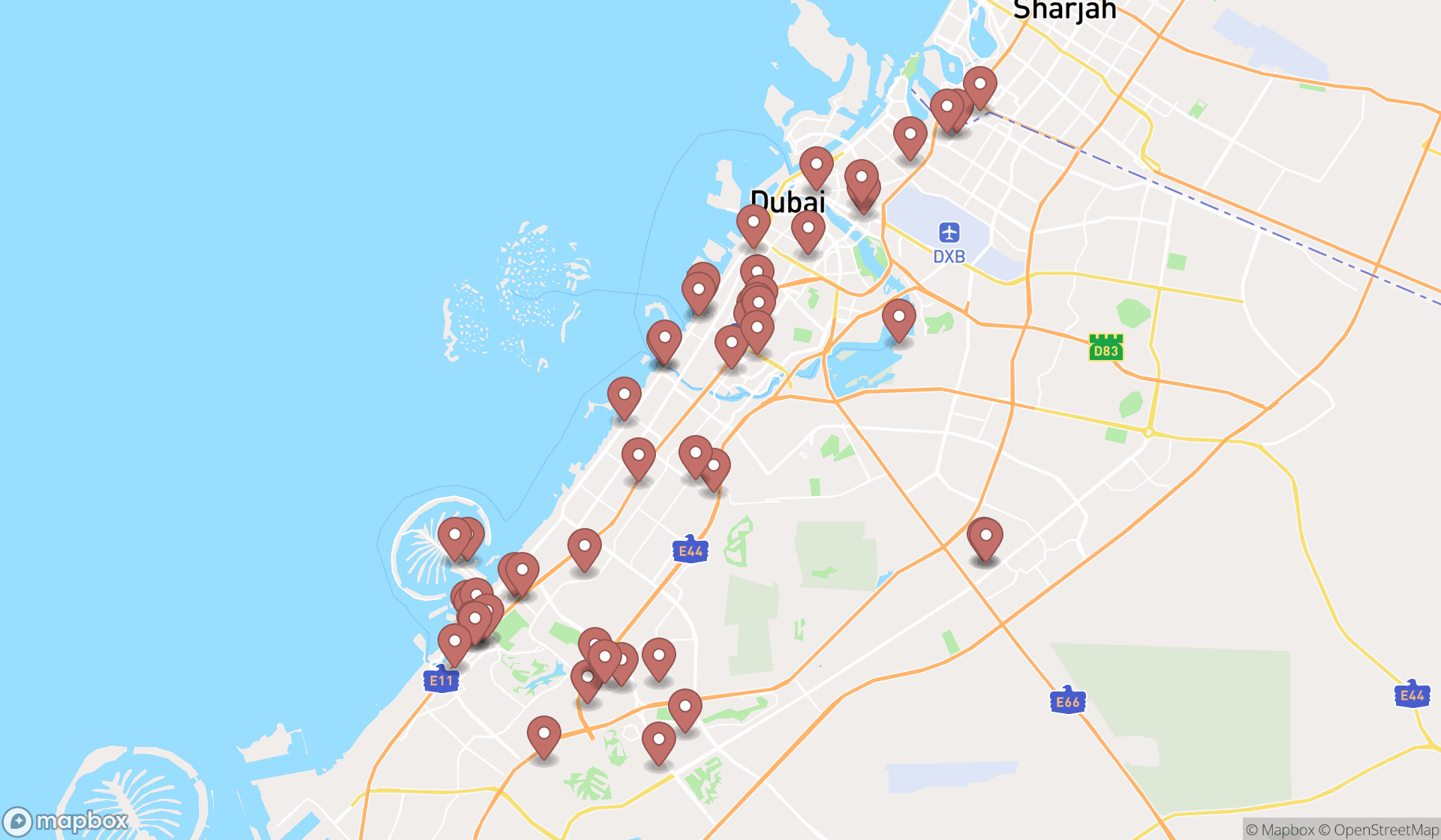 Map showing the search results in Dubai