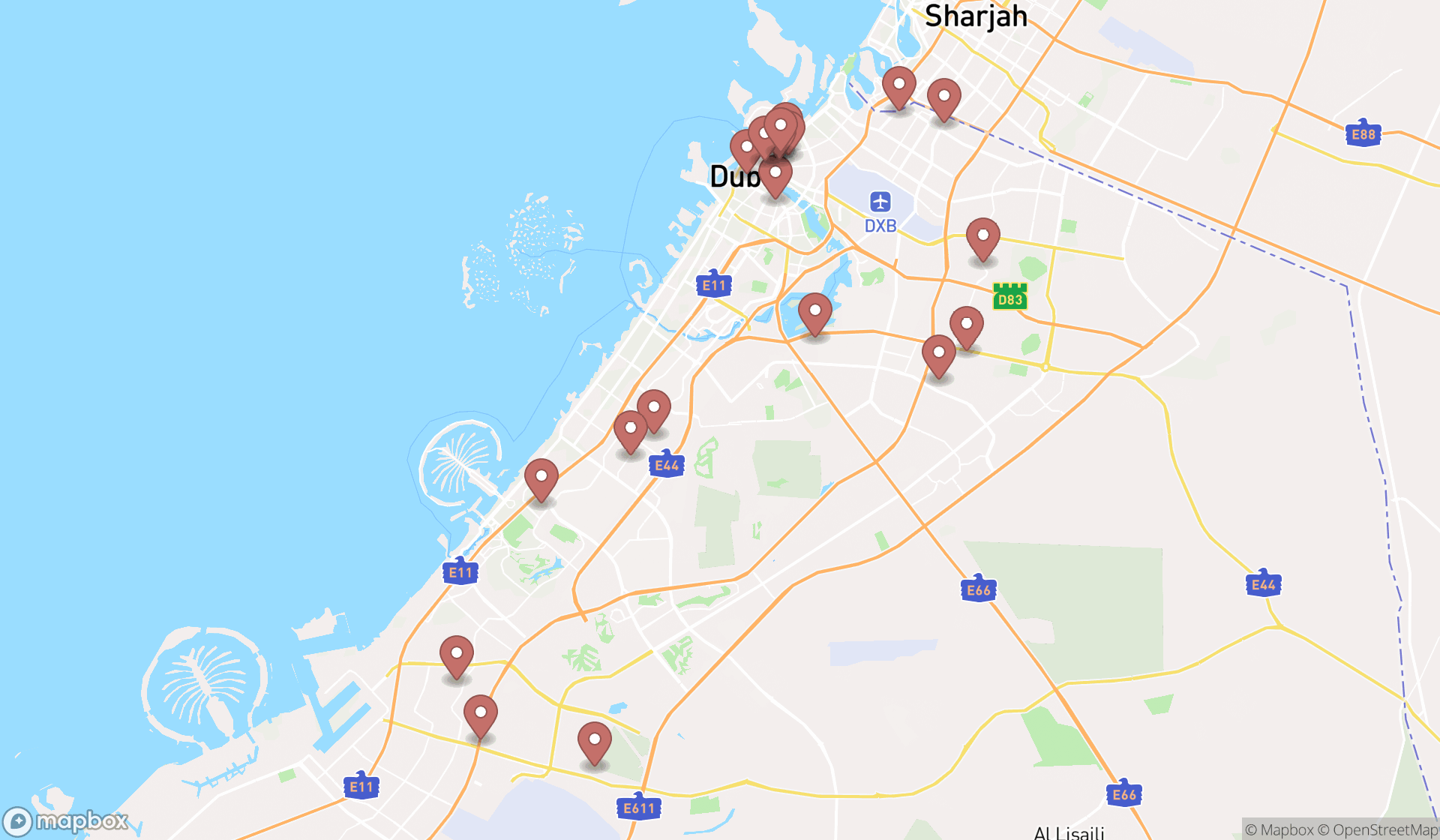Map showing the search results in Dubai