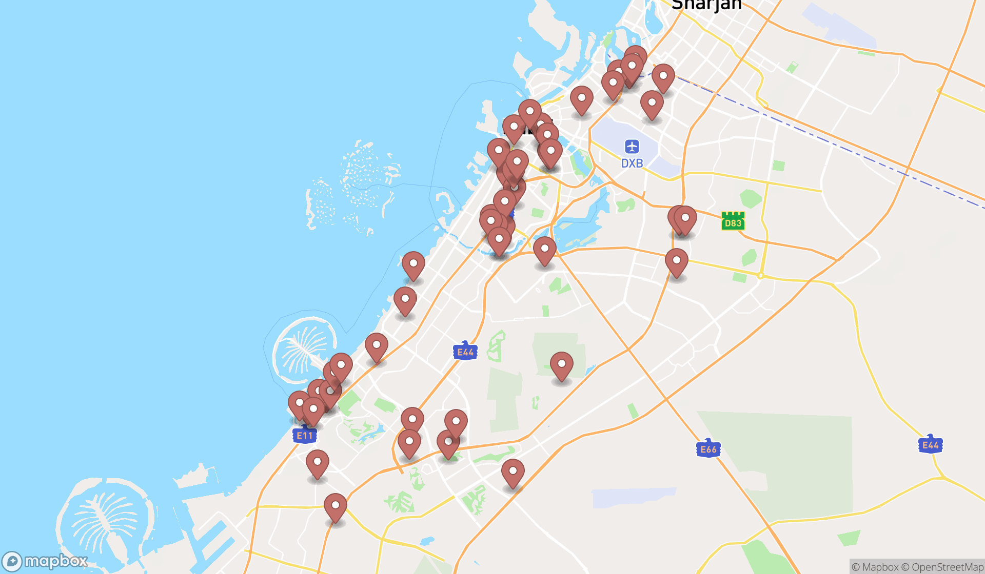 Map showing the search results in Dubai