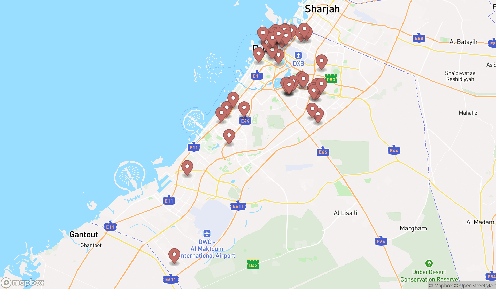 Map showing the search results in Dubai