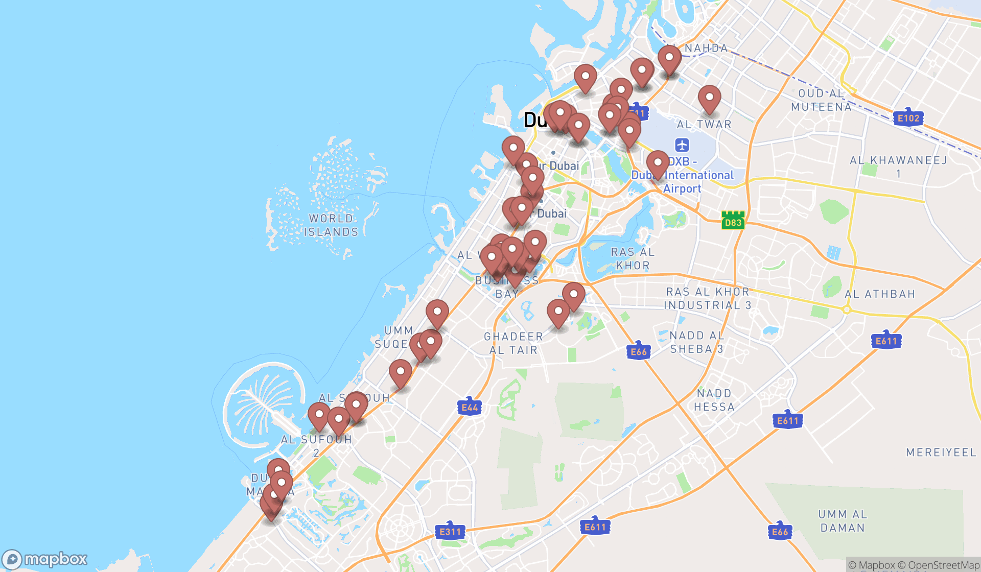 Map showing the search results in Dubai