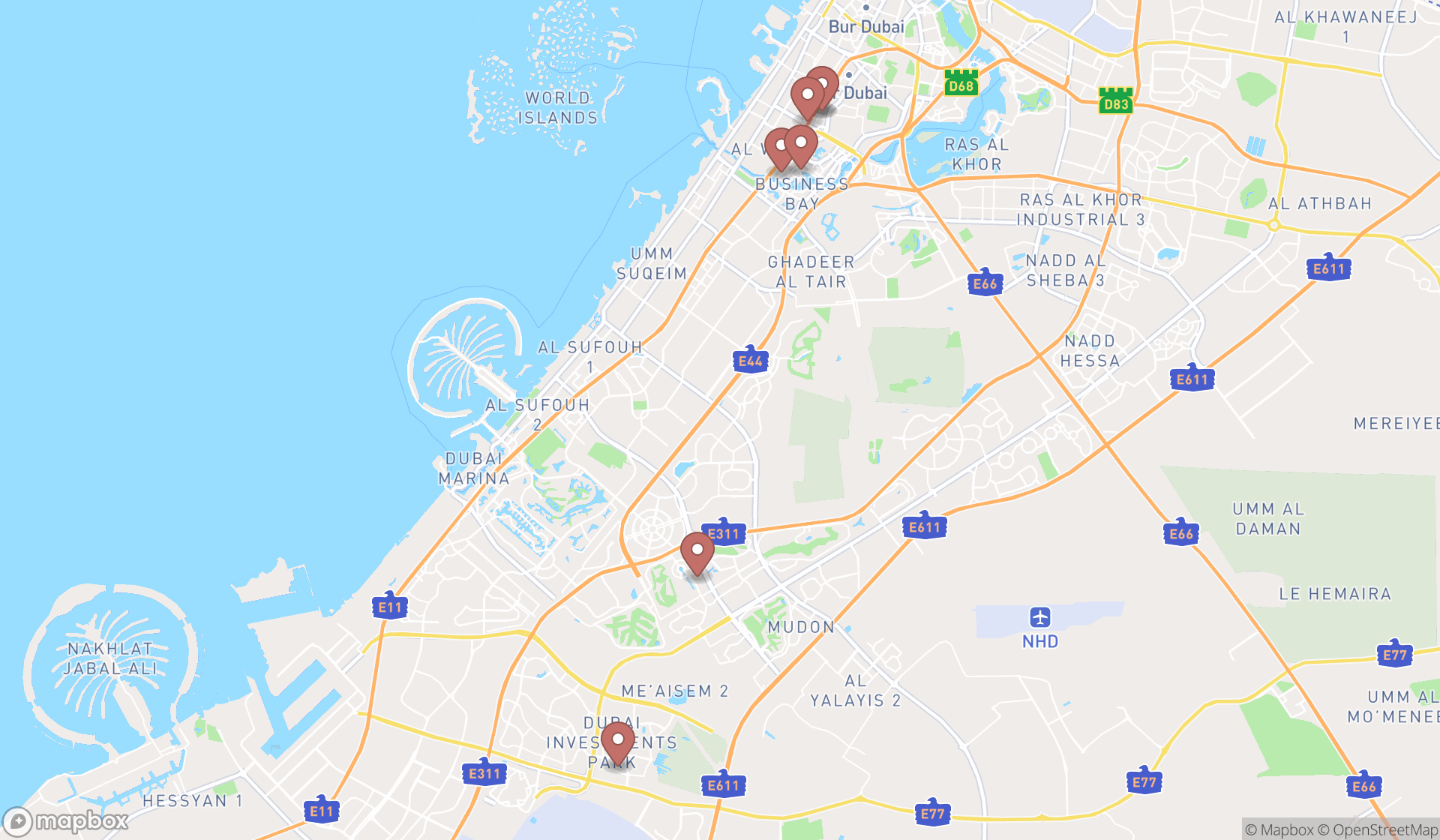 Map showing the search results in Dubai