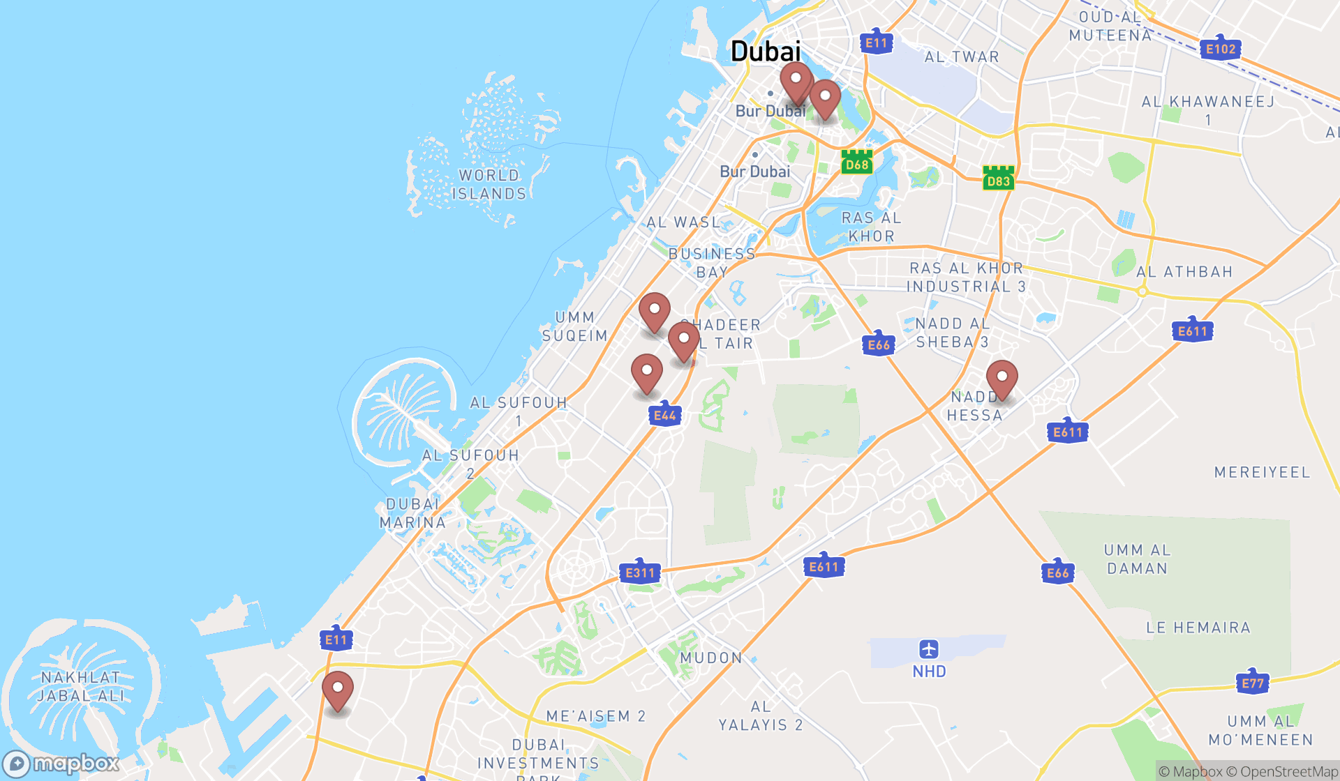 Map showing the search results in Dubai