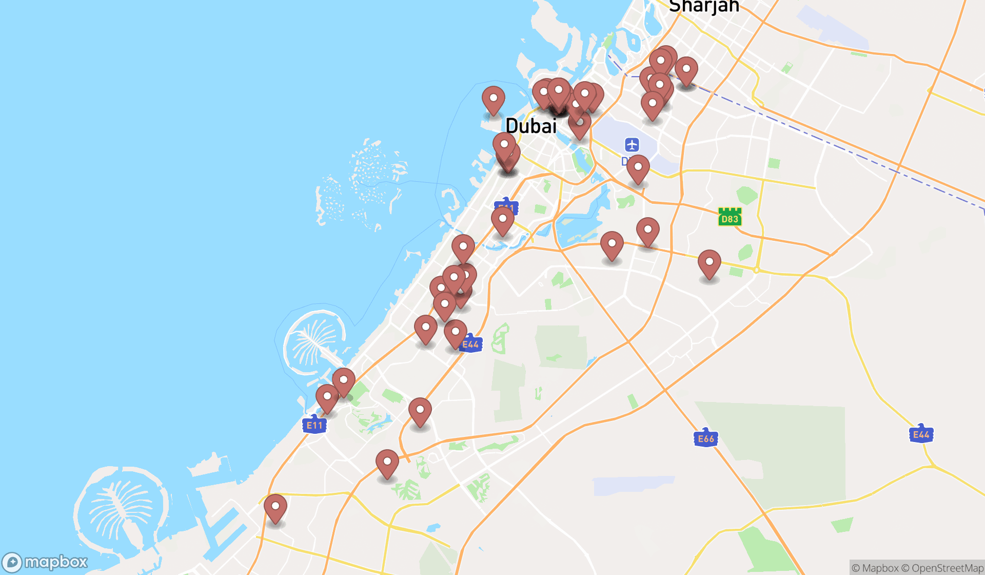 Map showing the search results in Dubai