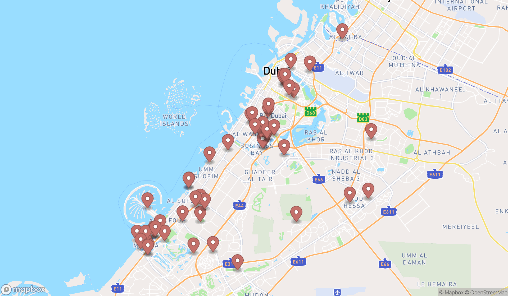 Map showing the search results in Dubai