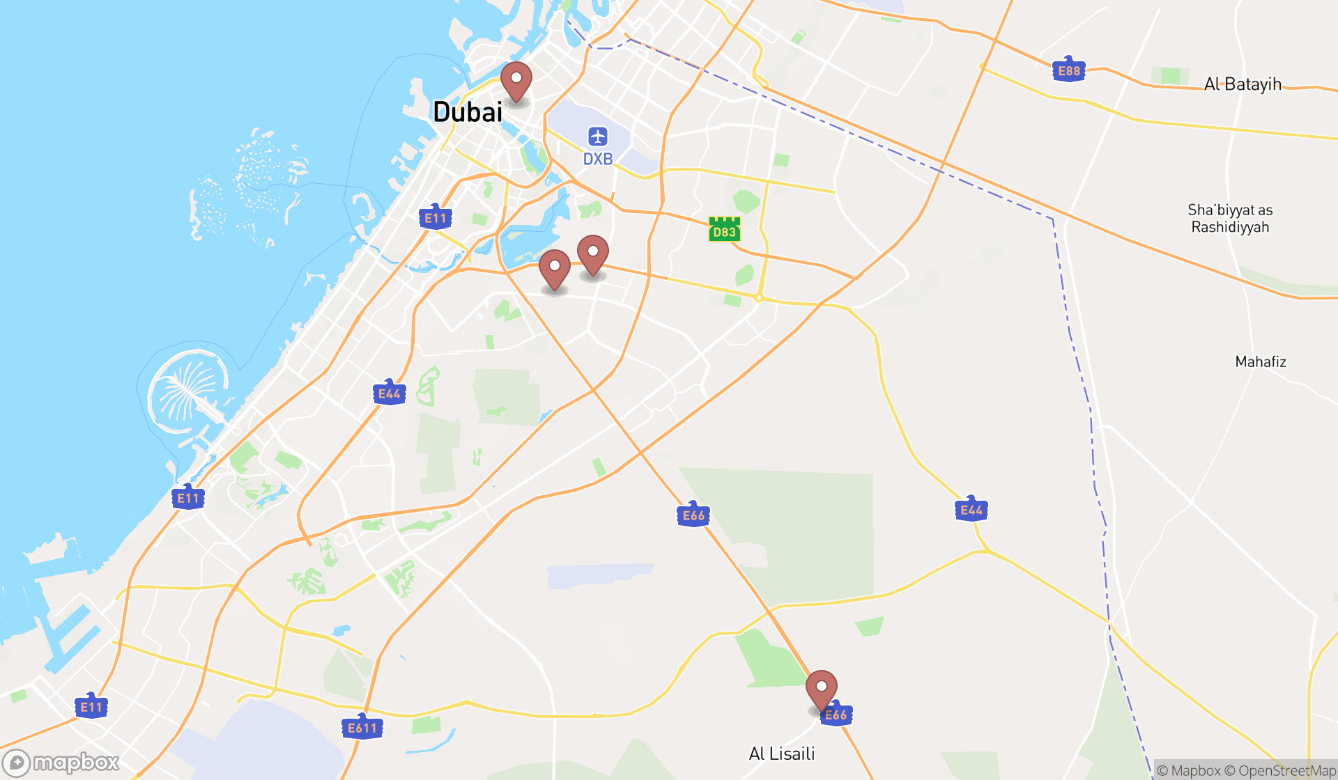 Map showing the search results in Dubai