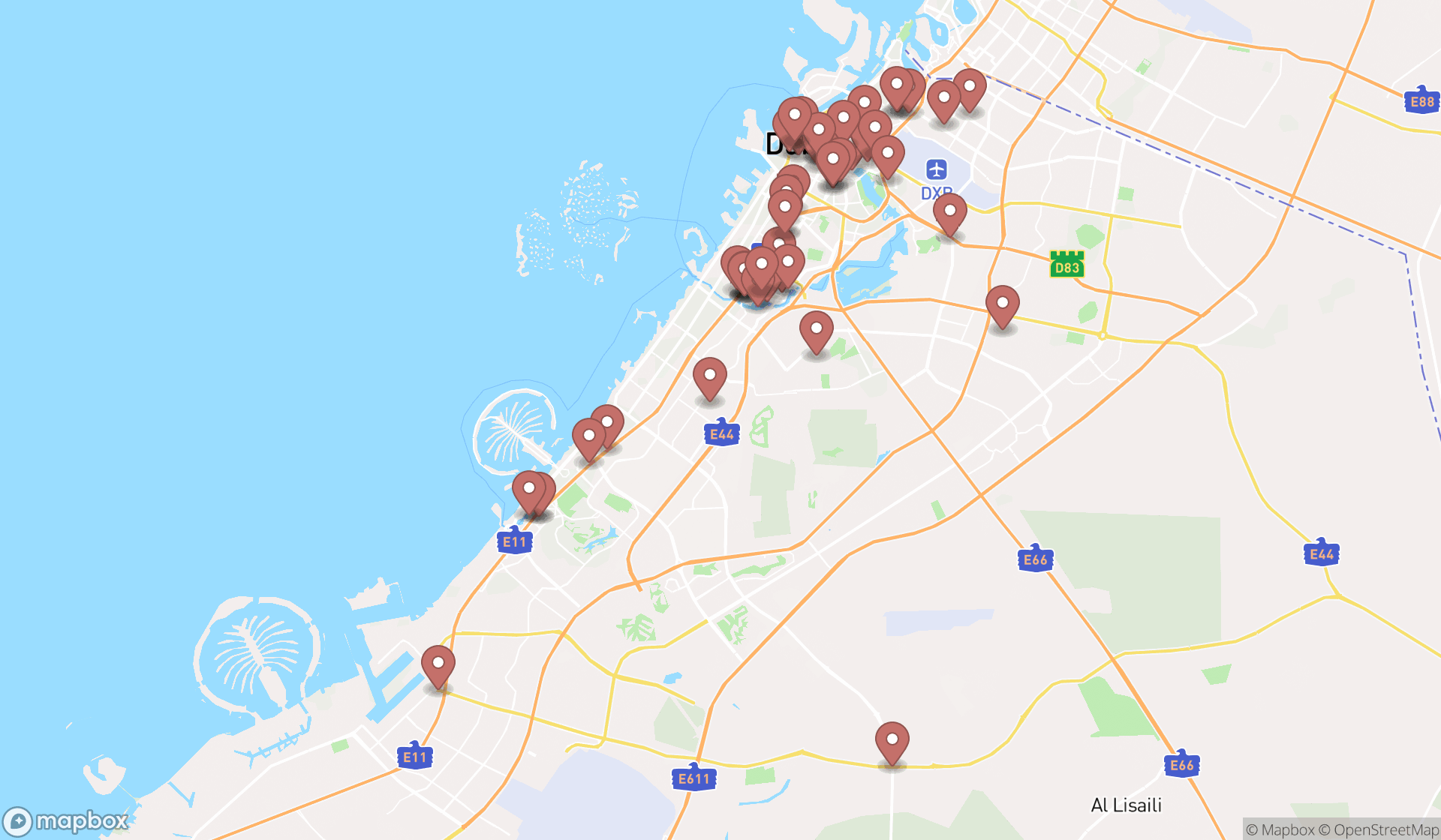 Map showing the search results in Dubai