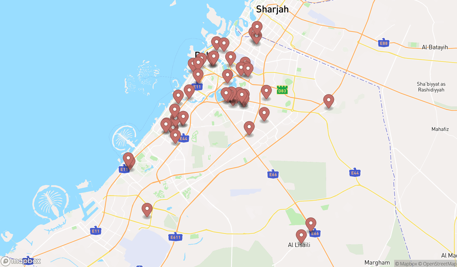 Map showing the search results in Dubai