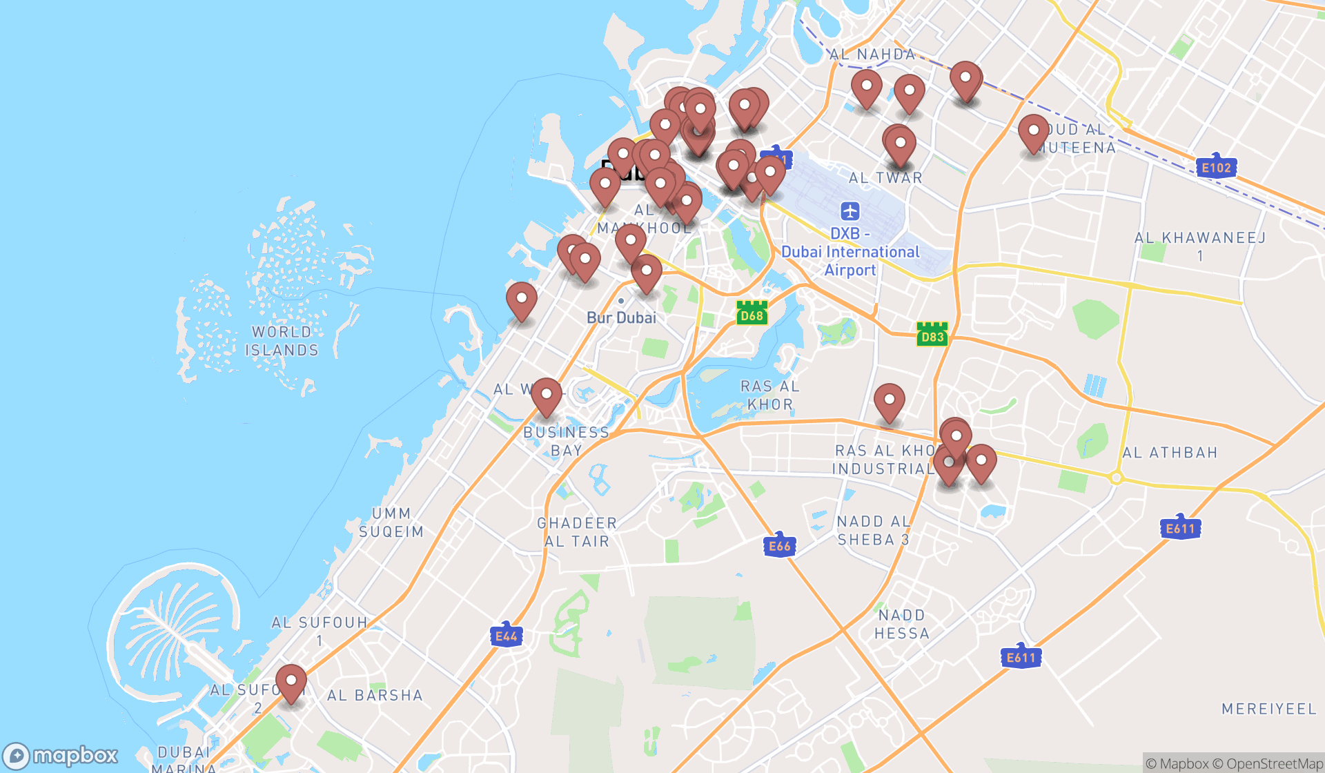 Map showing the search results in Dubai