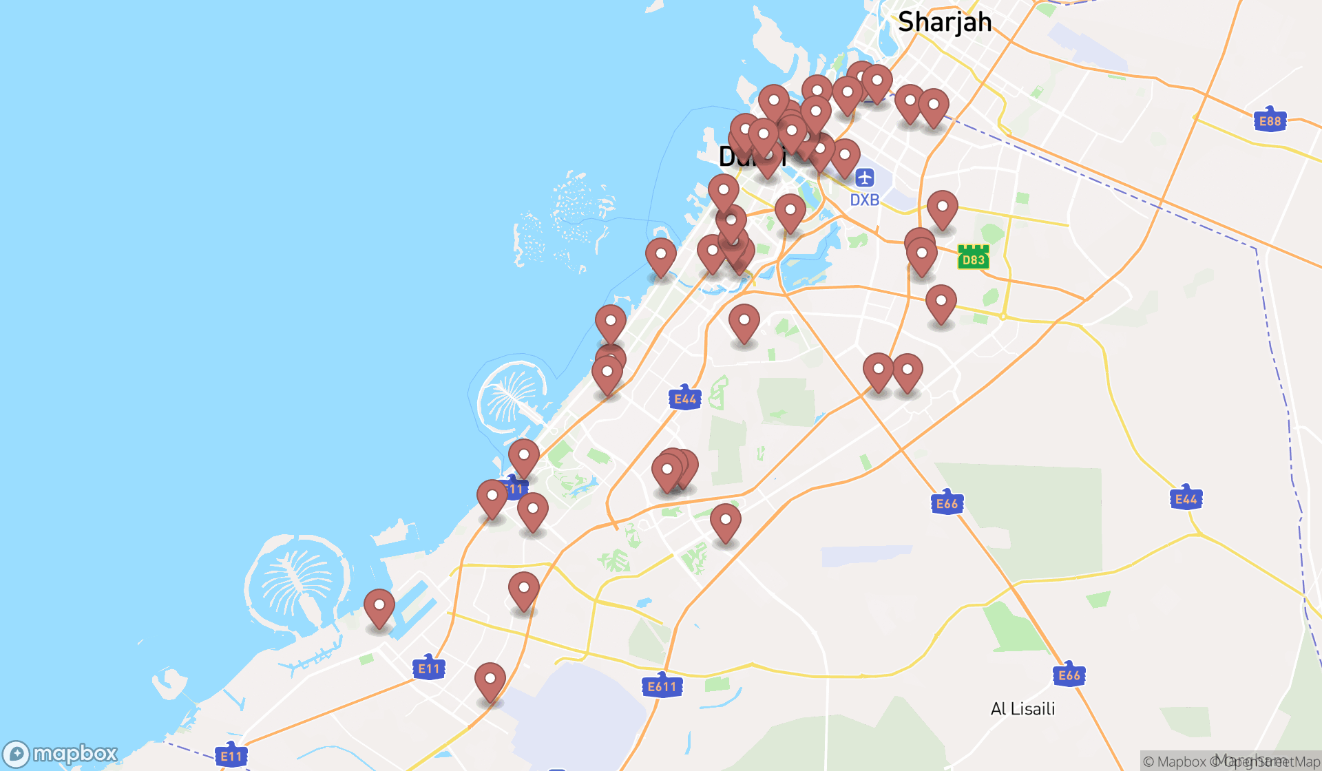 Map showing the search results in Dubai