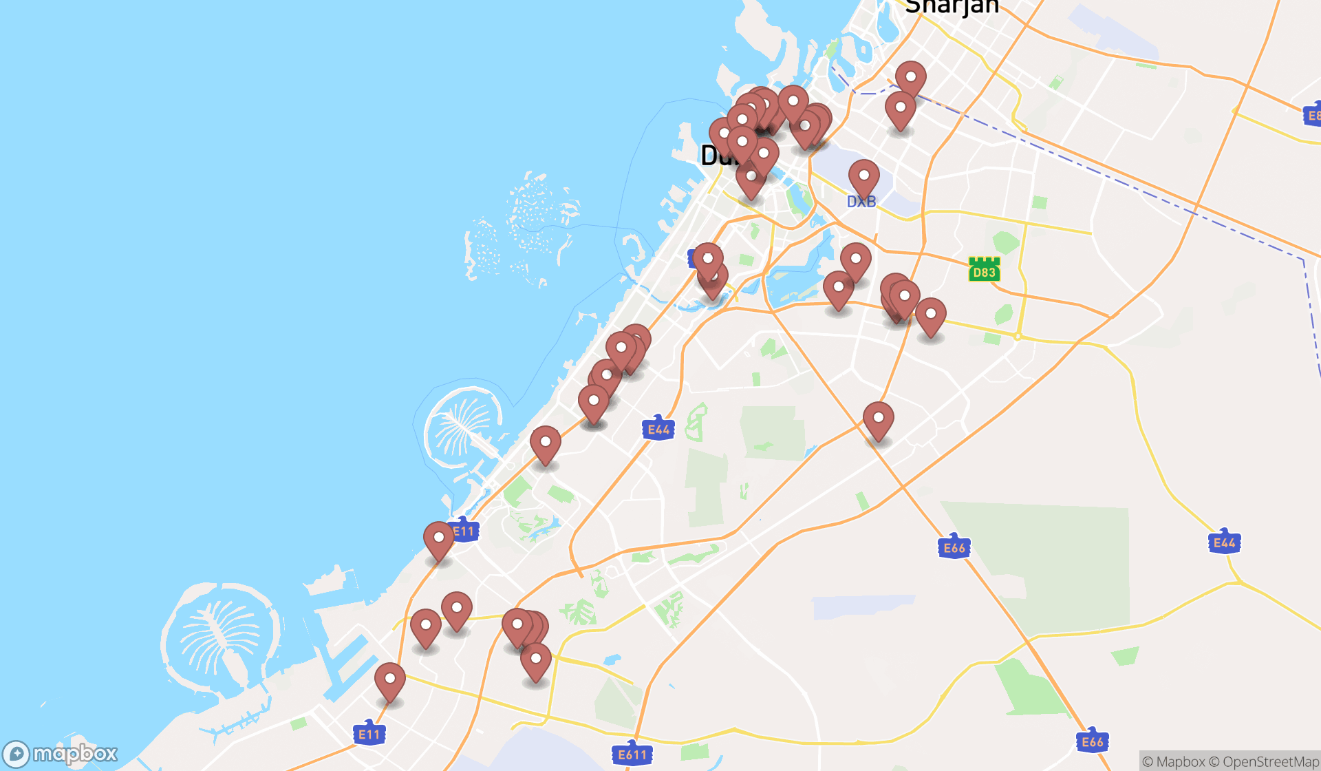 Map showing the search results in Dubai
