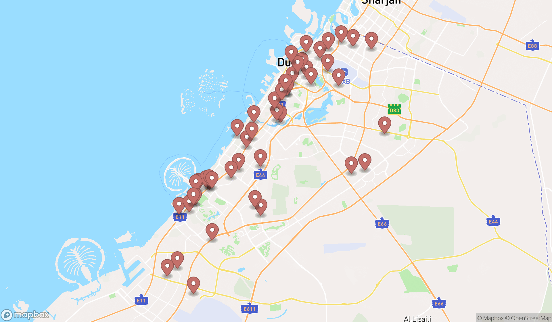 Map showing the search results in Dubai