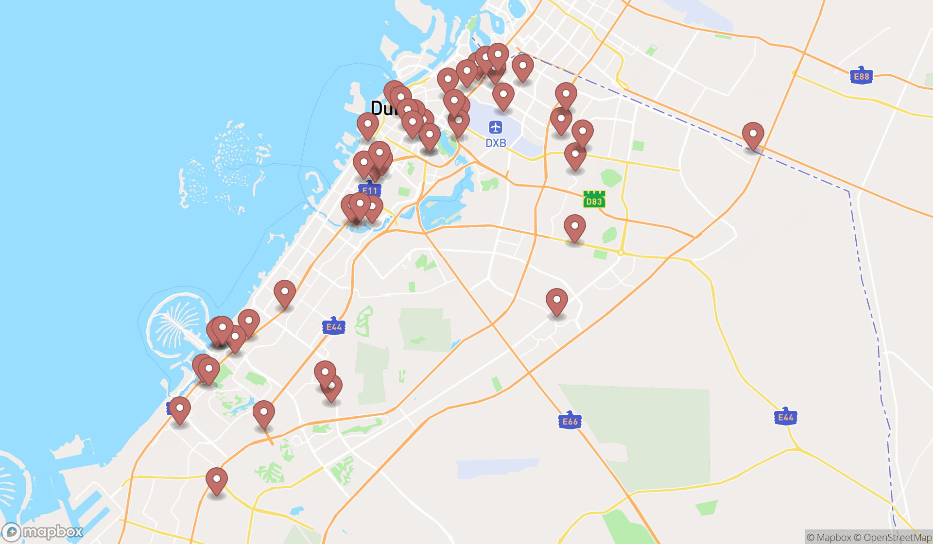 Map showing the search results in Dubai