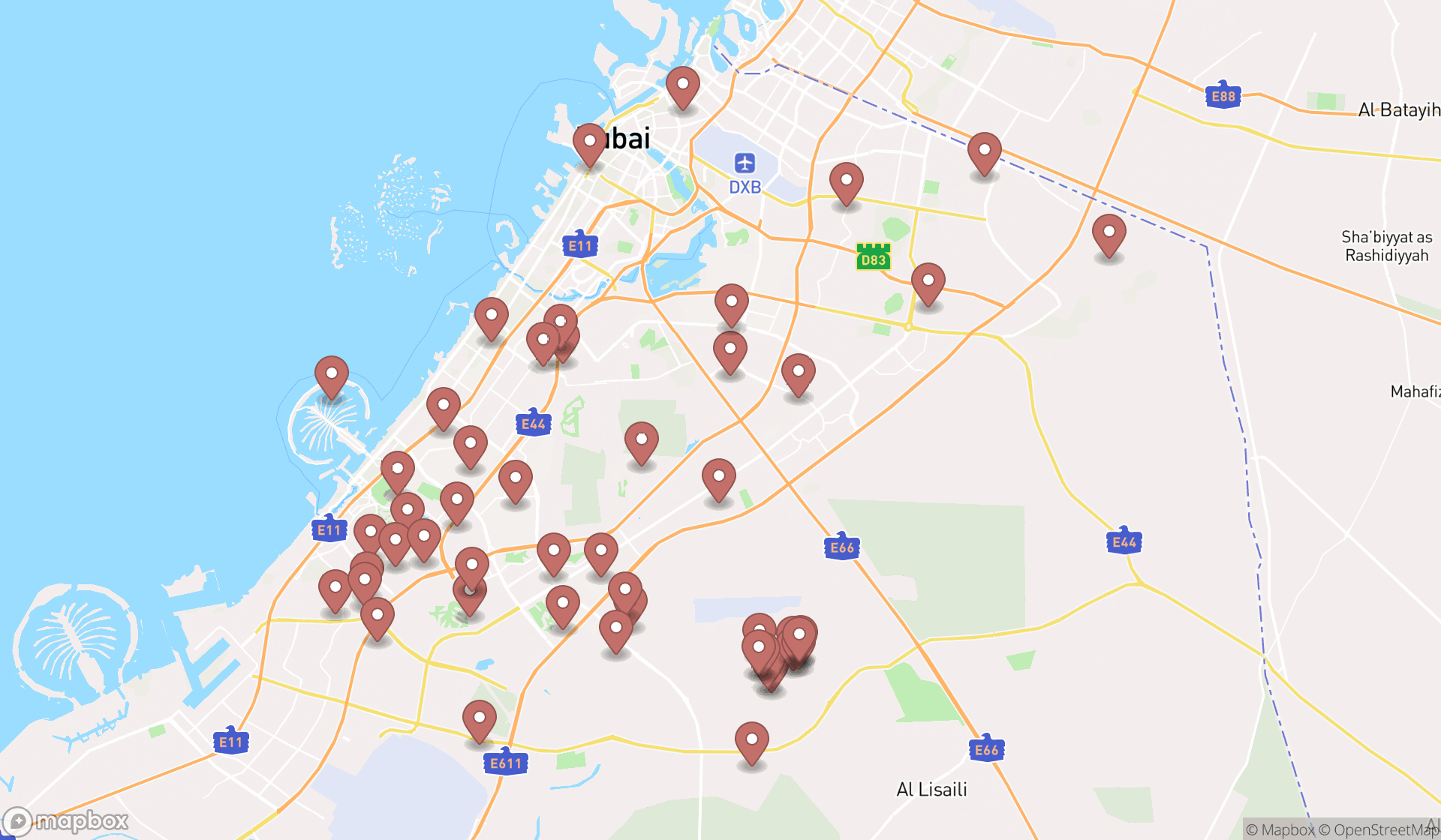 Map showing the search results in Dubai