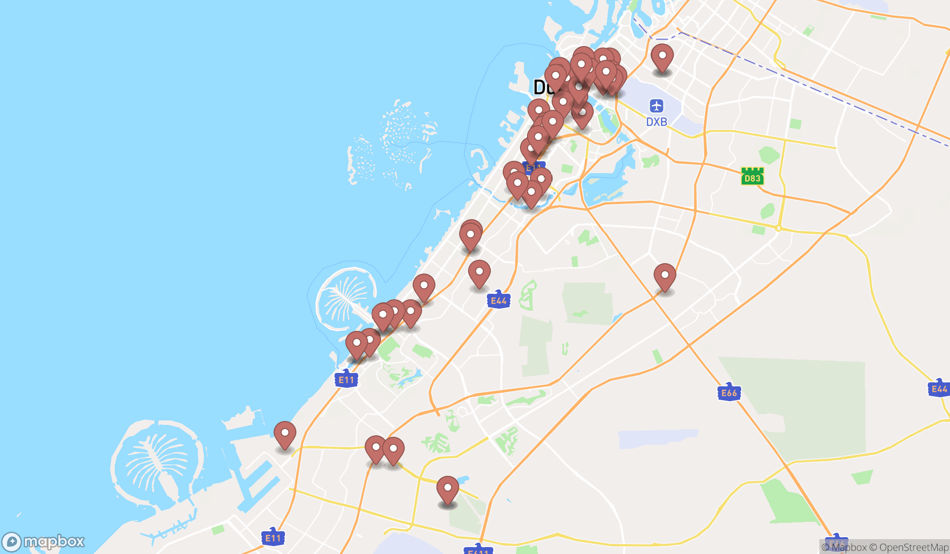 Map showing the search results in Dubai