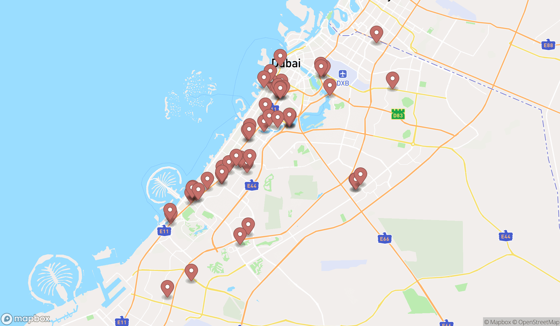 Map showing the search results in Dubai