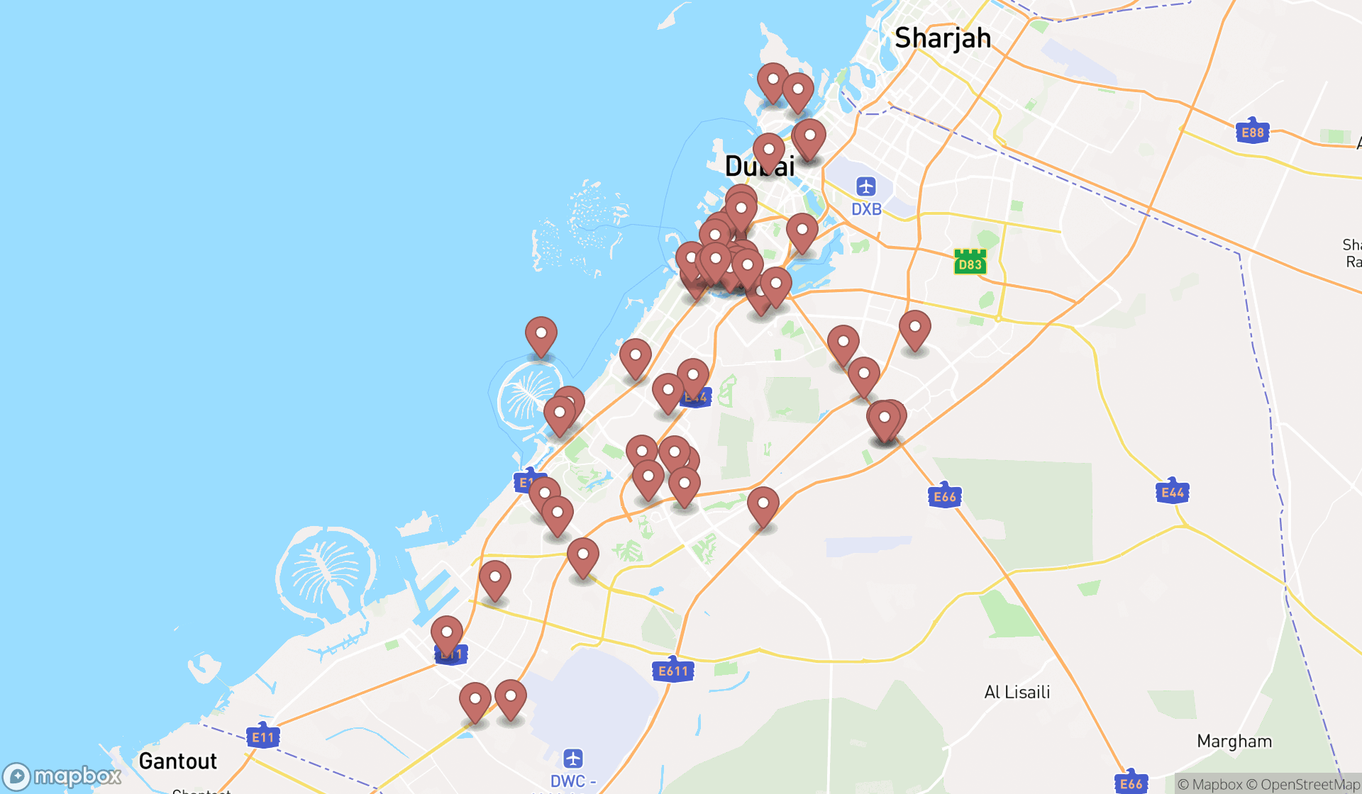 Map showing the search results in Dubai