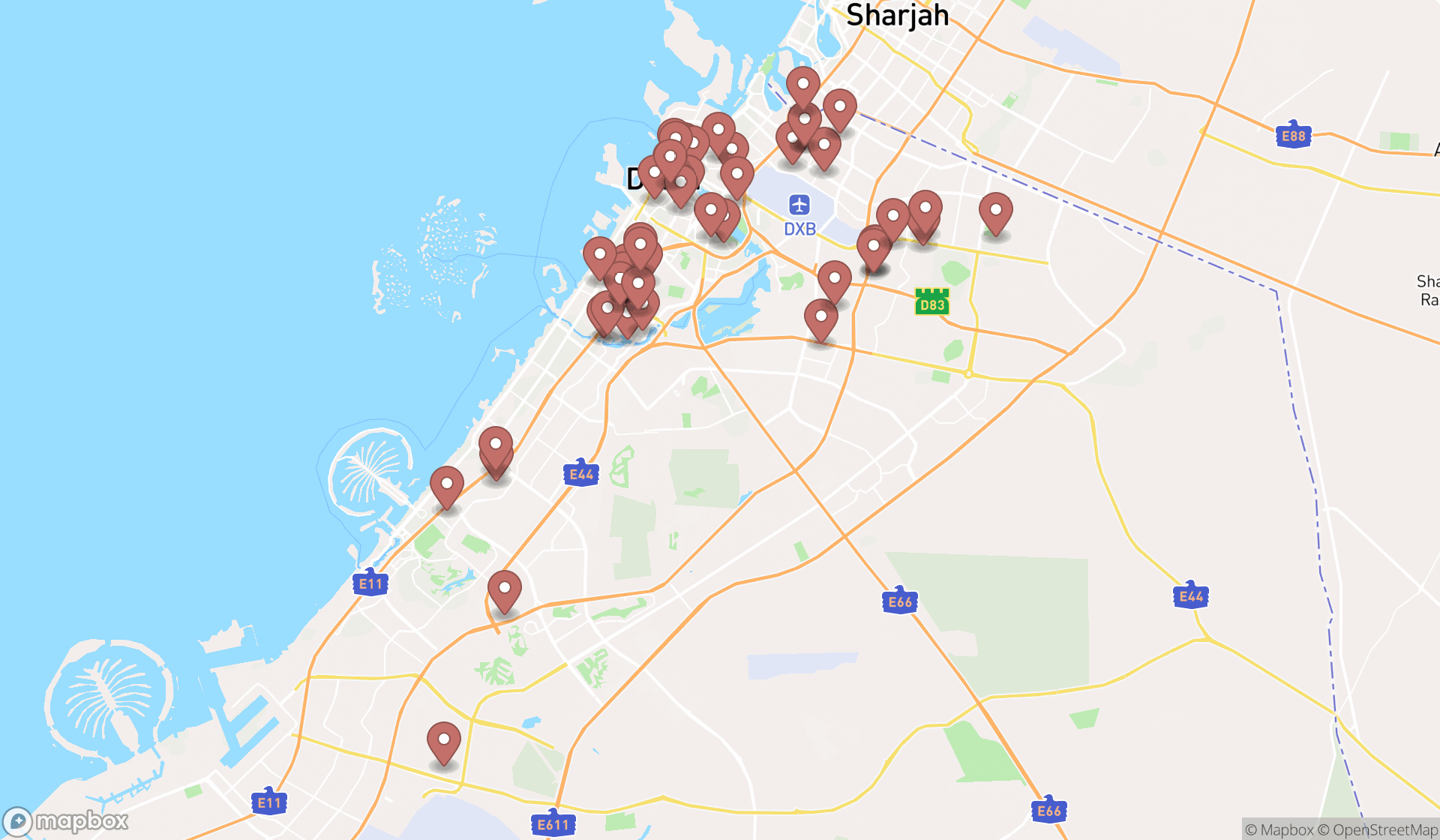 Map showing the search results in Dubai