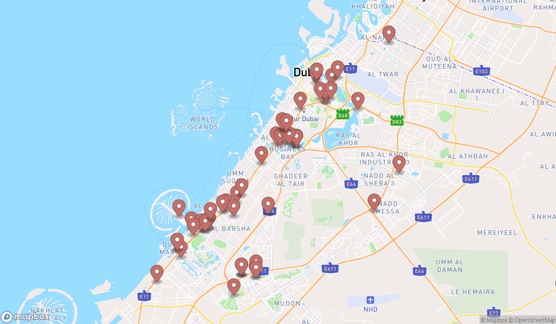Map showing the search results in Dubai